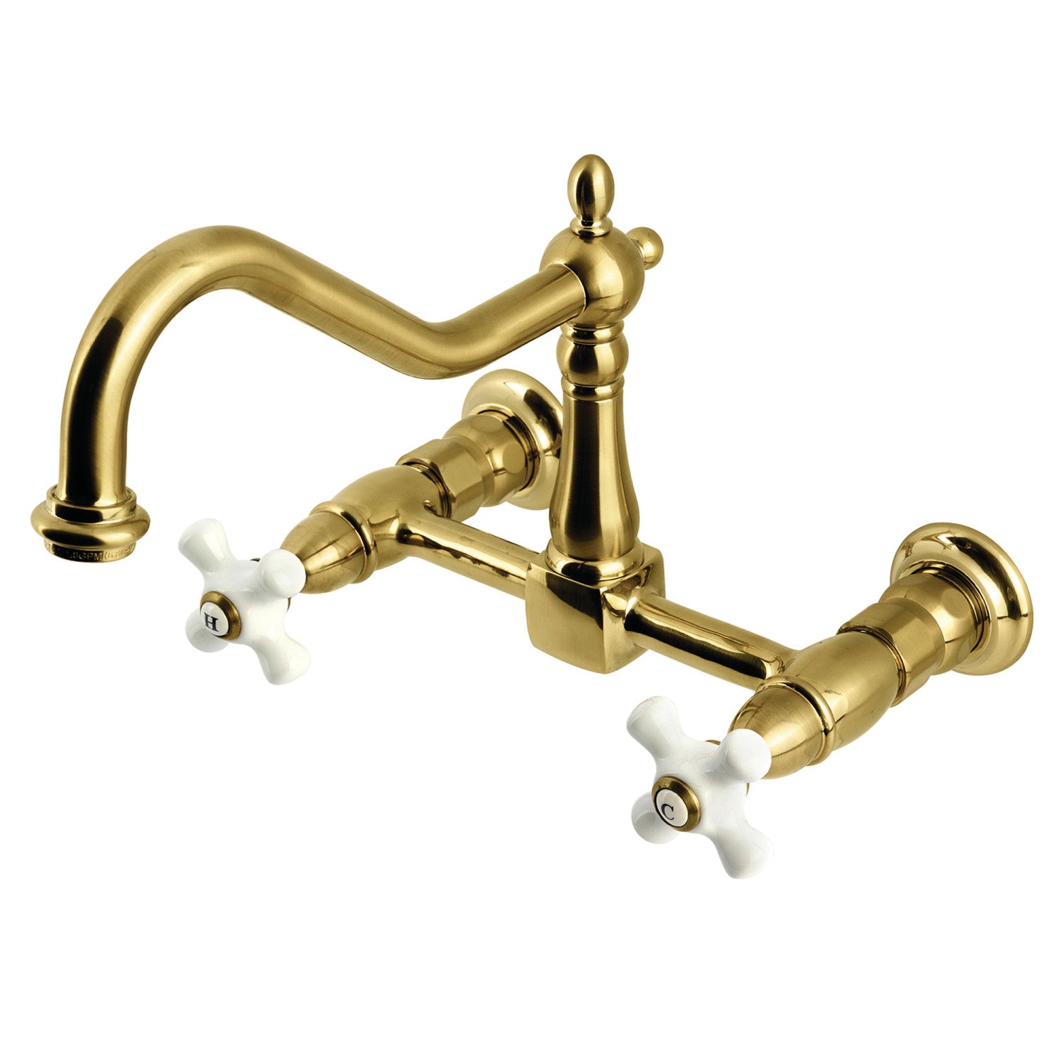 Kingston Heirloom KS1247PX - Robinet de cuisine à deux poignées Heritage 2 trous Wall Mount Bridge, laiton brossé