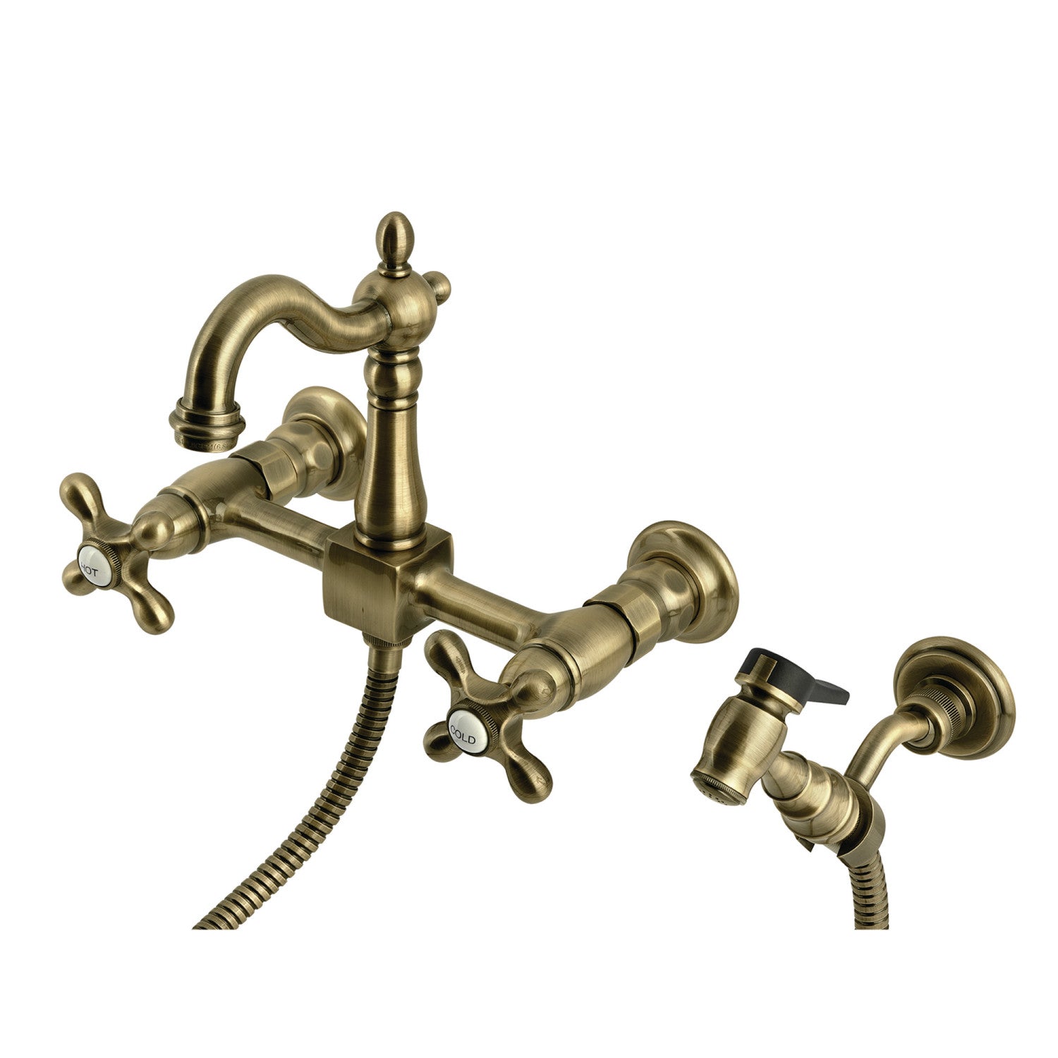 Kingston Heirloom KS2443AXBS - Robinet de cuisine à double poignée Heritage 3 trous Wall Mount Bridge avec pulvérisateur en laiton, laiton antique