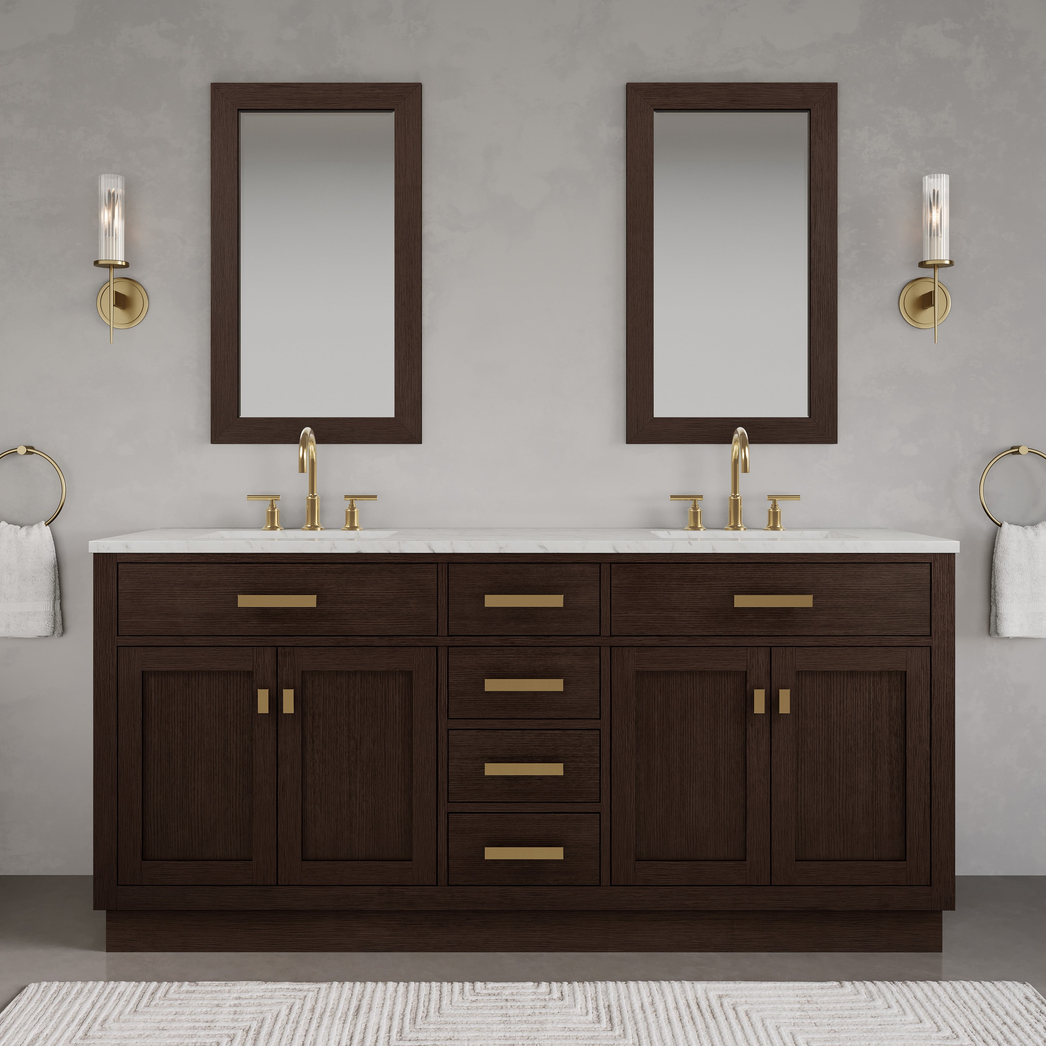Kingston Luxe CH72CW06BK - 72 in. x 21.5 in. Bathroom Vanity Marble Top and White Basin, Brown Oak