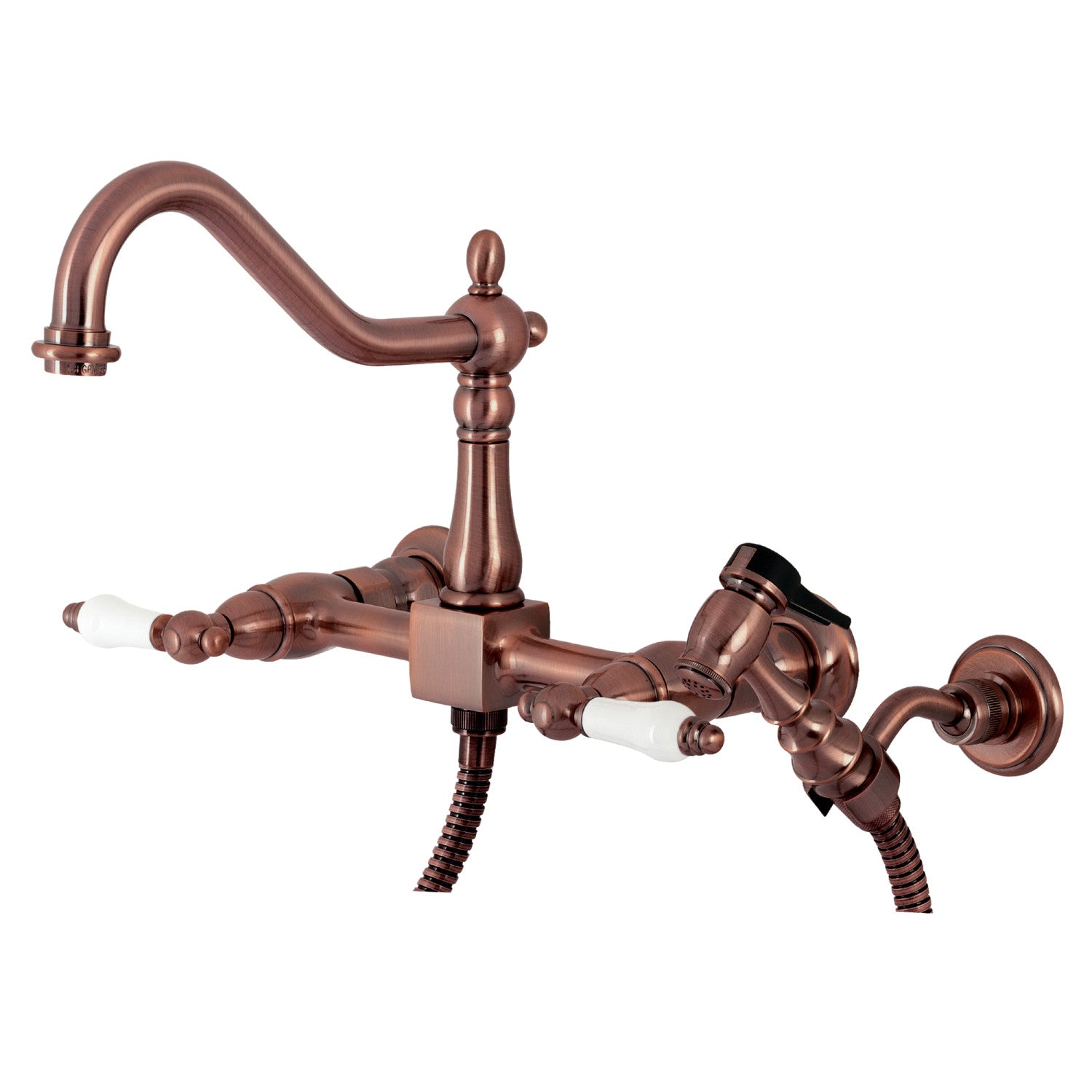 Kingston Heirloom KS124PLBSAC - Robinet de cuisine à double poignée Heritage 3 trous Wall Mount Bridge avec pulvérisateur en laiton, cuivre antique