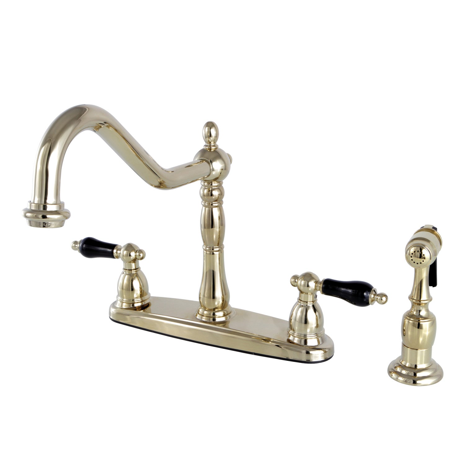 Kingston Heirloom KB1752PKLBS - Robinet de cuisine central à deux poignées 4 trous 8" avec pulvérisateur en laiton poli
