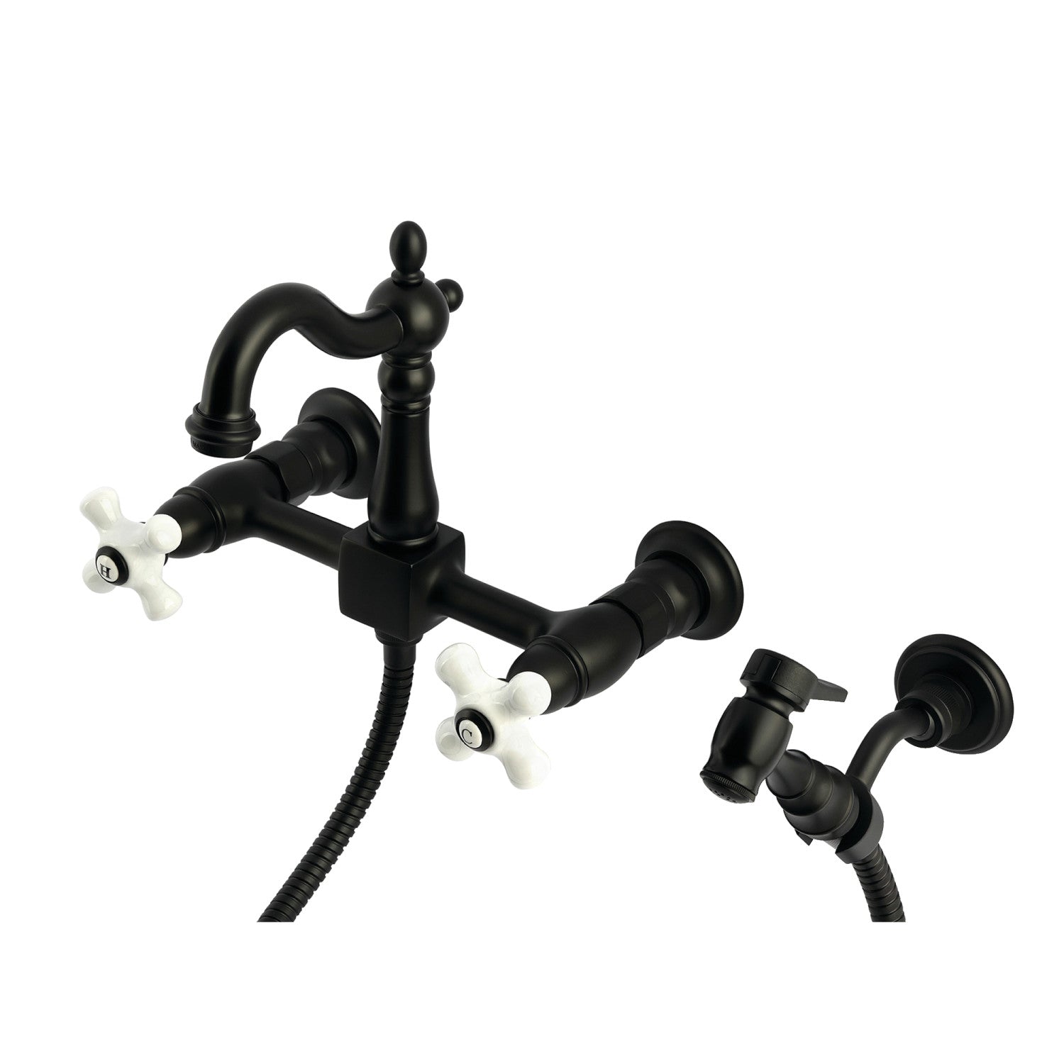 Kingston Heirloom KS2440PXBS - Robinet de cuisine à deux poignées Heritage 3 trous Wall Mount Bridge avec pulvérisateur en laiton, noir mat