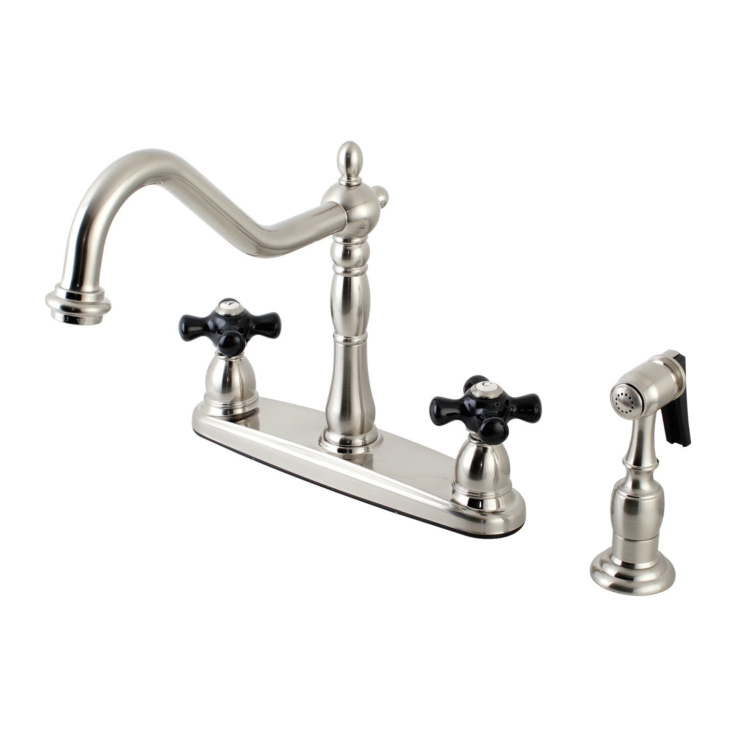 Kingston Heirloom KB1758PKXBS - Robinet de cuisine à deux poignées 4 trous 8" avec pulvérisateur en laiton, nickel brossé