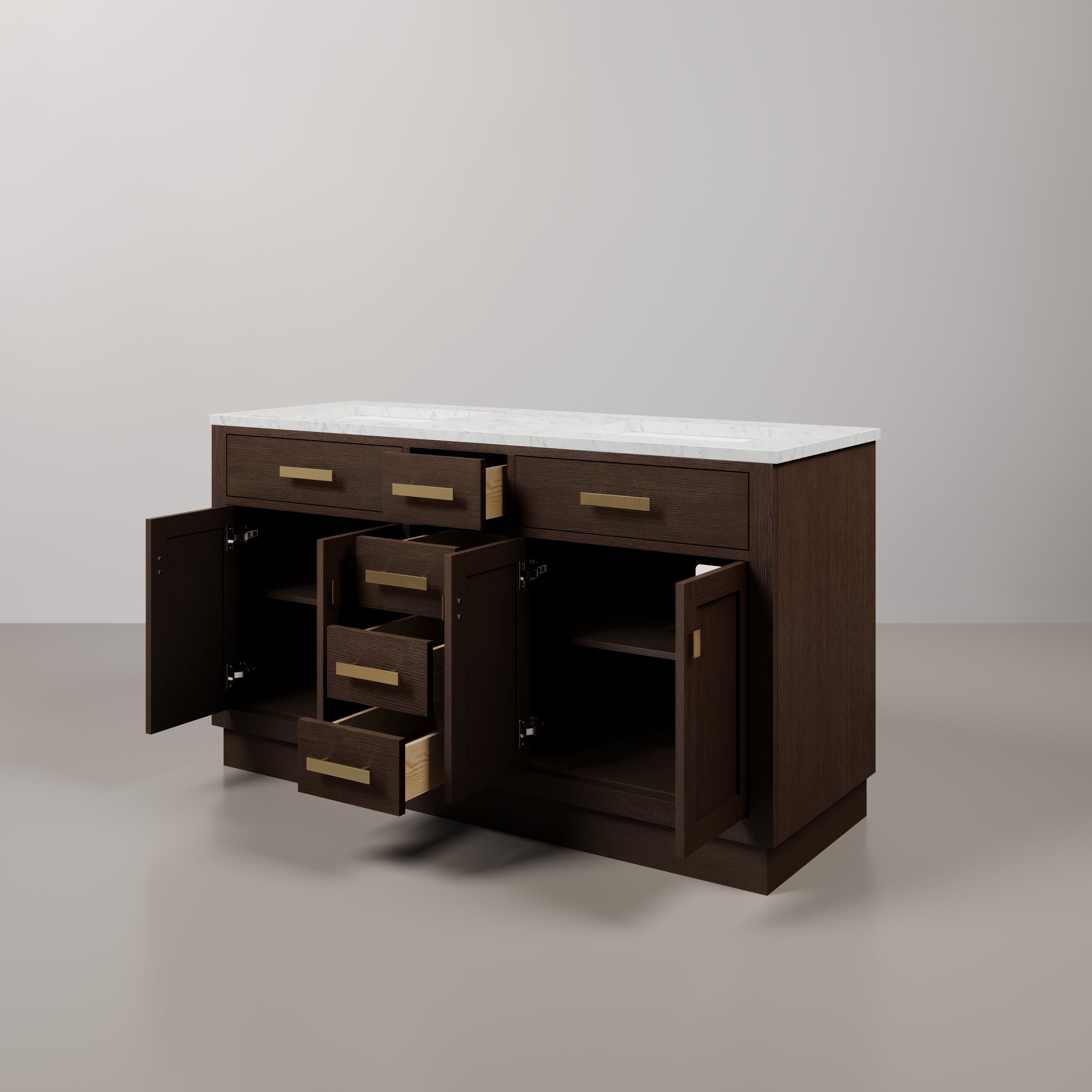 Kingston Luxe CH60CW06BK - 60 in. x 21.5 in. Bathroom Vanity Marble Top and White Basin, Brown Oak