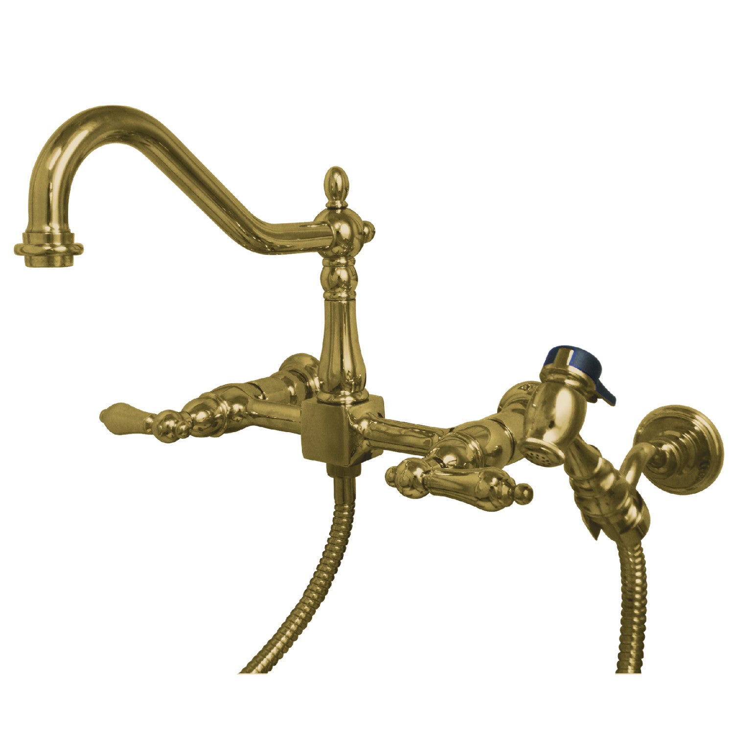 Kingston Heirloom KS1242ALBS - Robinet de cuisine à double poignée Heritage 3 trous Wall Mount Bridge avec pulvérisateur en laiton, laiton poli