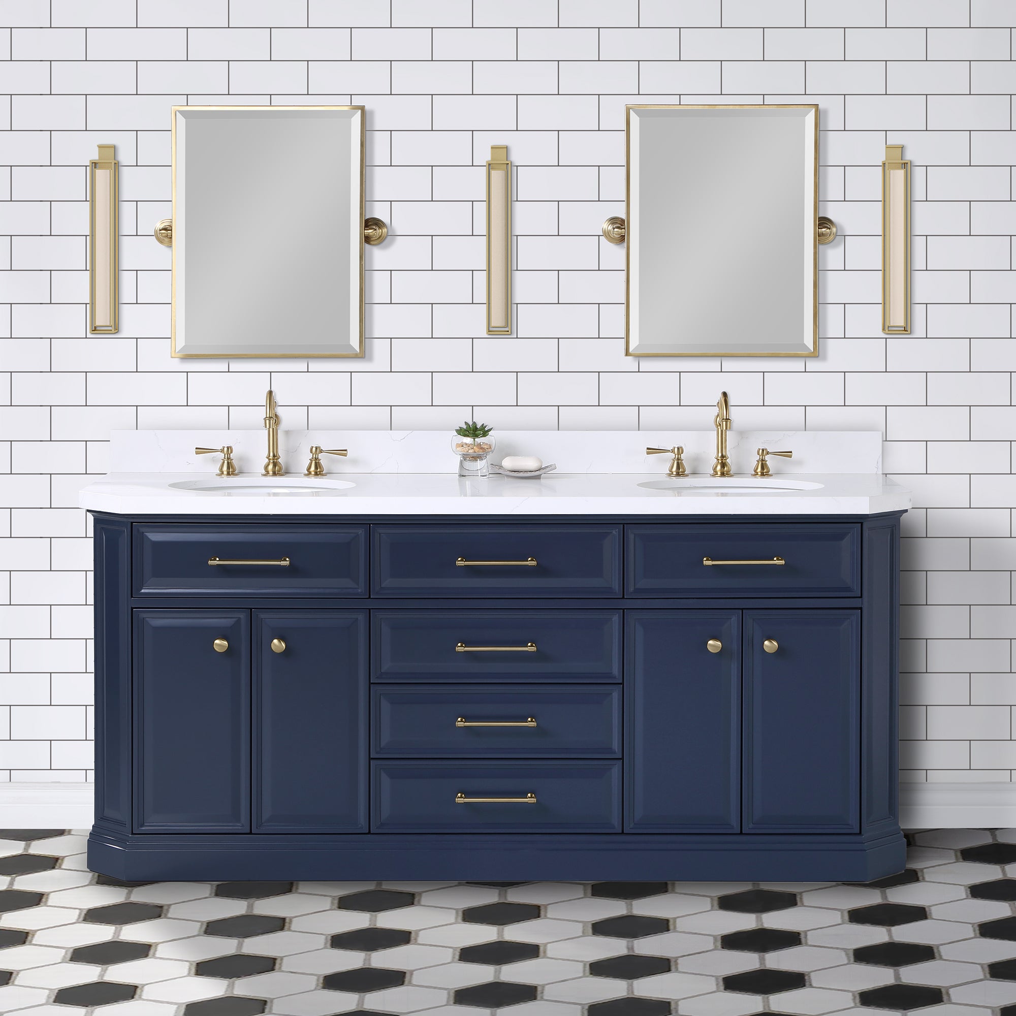 Kingston Luxe PA72QZ06MB - 72 in. x 22 in. Bathroom Vanity Quartz Top and White Basins, Monarch Blue