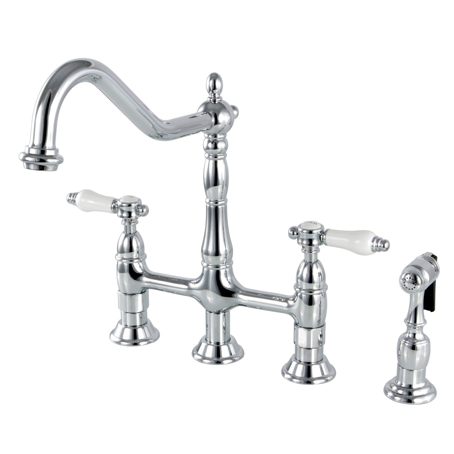 Kingston Heirloom KS1271BPLBS - Robinet de cuisine Bel-Air à deux poignées 4 trous montage sur plage Bridge avec pulvérisateur en laiton, chrome poli