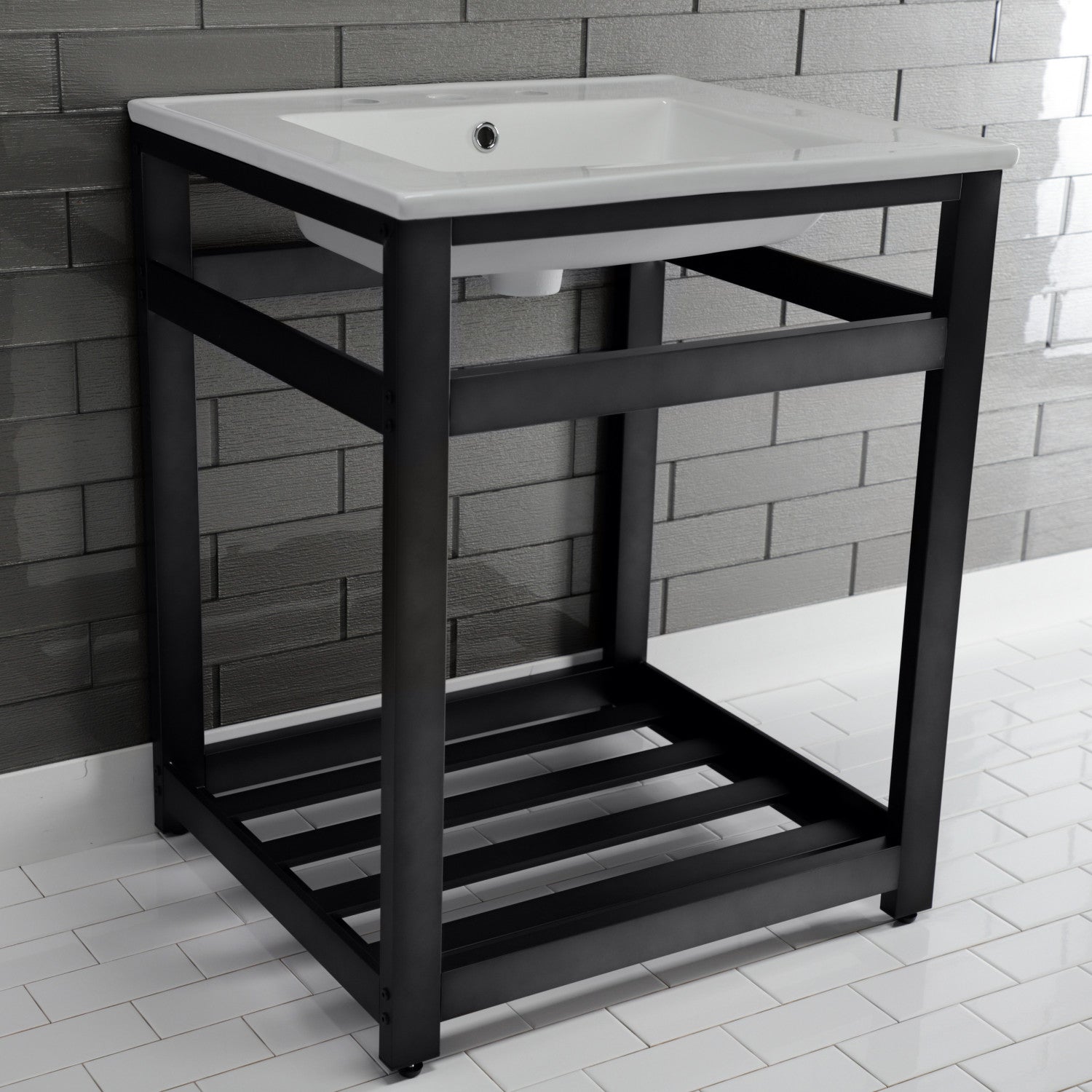 Kingston Sona VWP2522W8A0 - Quadras 25-Inch Ceramic Console Sink with Steel Base and Shelf (8-Inch, 3-Hole), White/Matte Black