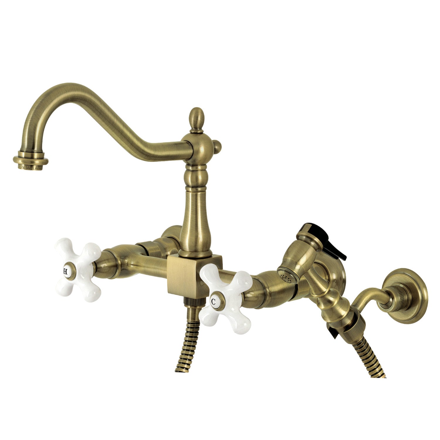 Kingston Heirloom KS1243PXBS - Robinet de cuisine à double poignée Heritage 3 trous Wall Mount Bridge avec pulvérisateur en laiton, laiton antique