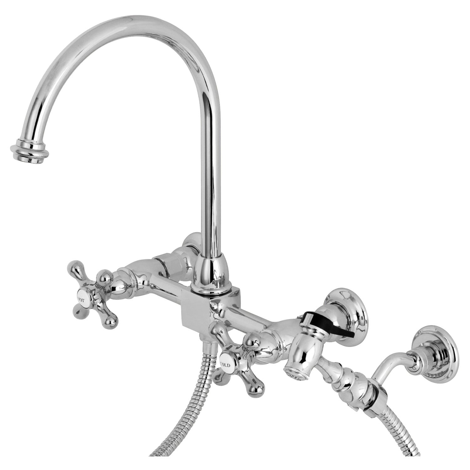 Kingston Tulare KS1291AXBS - Robinet de cuisine à deux poignées 3 trous Wall Mount Bridge avec pulvérisateur en laiton, chrome poli