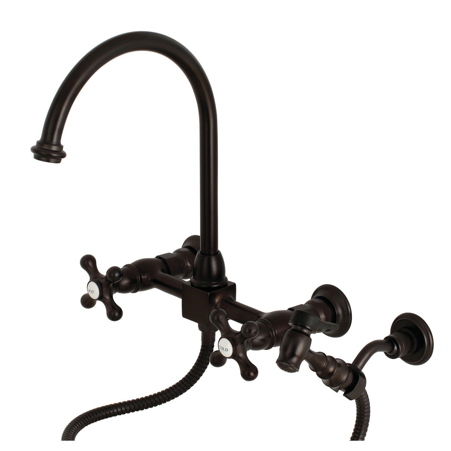 Kingston Tulare KS1295AXBS - Robinet de cuisine à deux poignées de restauration 3 trous Wall Mount Bridge avec pulvérisateur en laiton, bronze frotté à l'huile