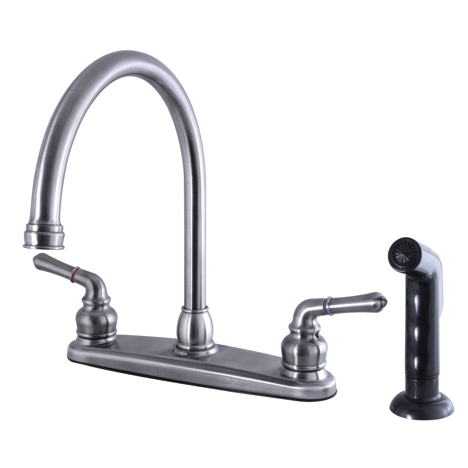 Kingston Tulare FB794SP - Robinet de cuisine à deux poignées Magellan 4 trous 8" avec pulvérisateur latéral, noir inoxydable