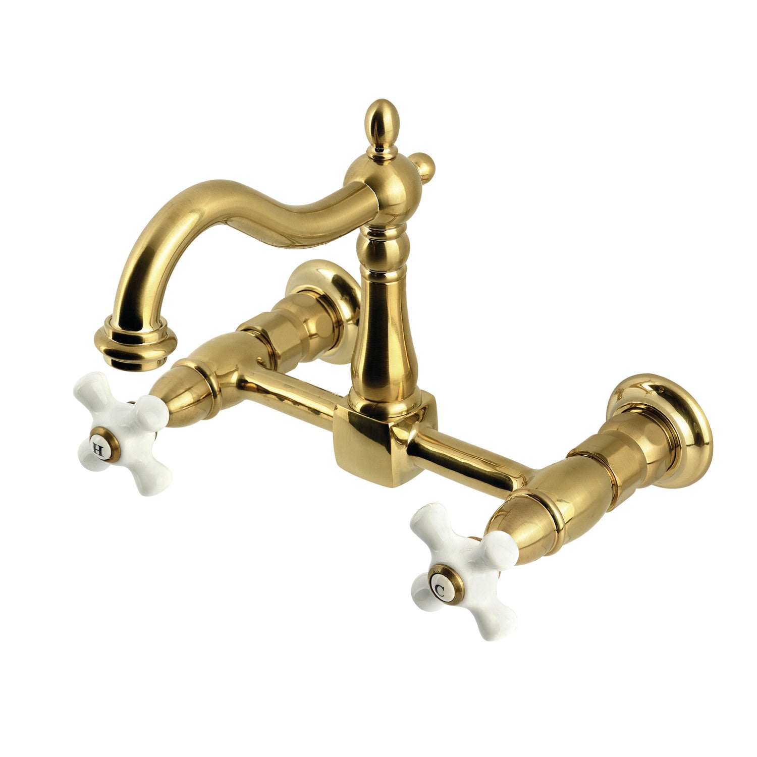 Kingston Heirloom KS1267PX - Robinet de cuisine à deux poignées Heritage 2 trous Wall Mount Bridge, laiton brossé