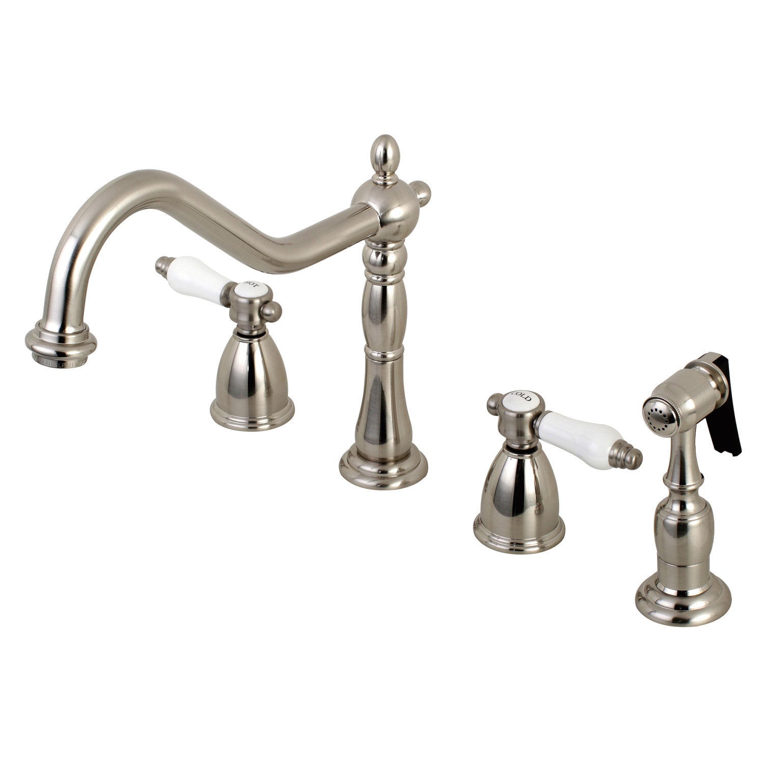 Kingston Heirloom KB1798BPLBS - Robinet de cuisine à double poignée Bel-Air avec pulvérisateur en laiton, nickel brossé