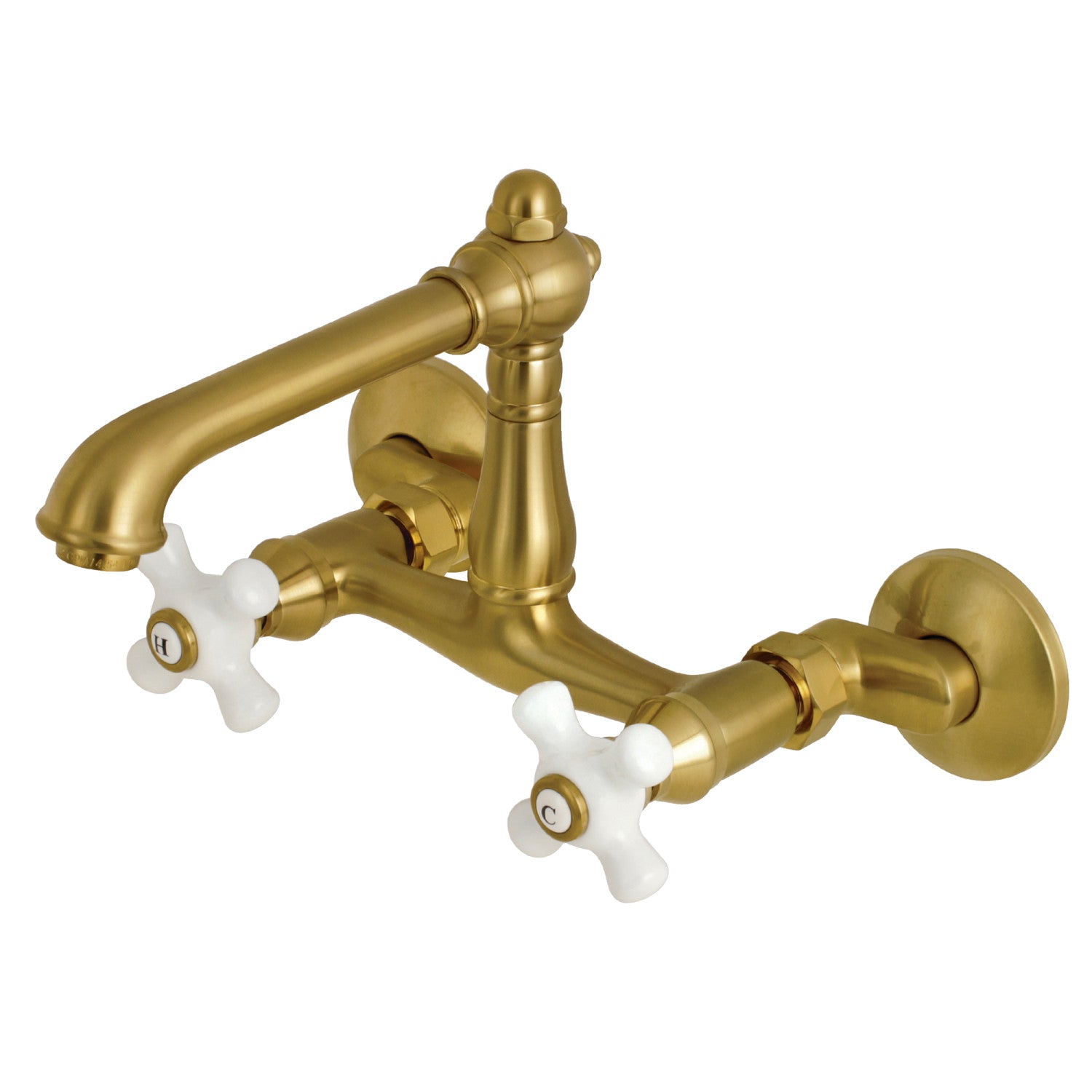 Kingston Tulare KS7227PX - Robinet de cuisine à deux poignées de pays anglais 2 trous Wall Mount Bridge, laiton brossé
