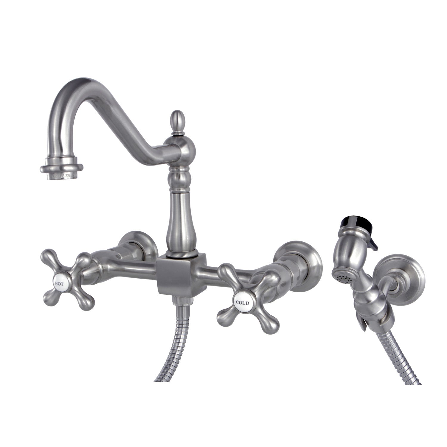 Kingston Heirloom KS1248AXBS - Heritage Two-Handle 3-Hole Wall Mount Bridge Kitchen Faucet with Brass Sprayer, Brushed Nickel