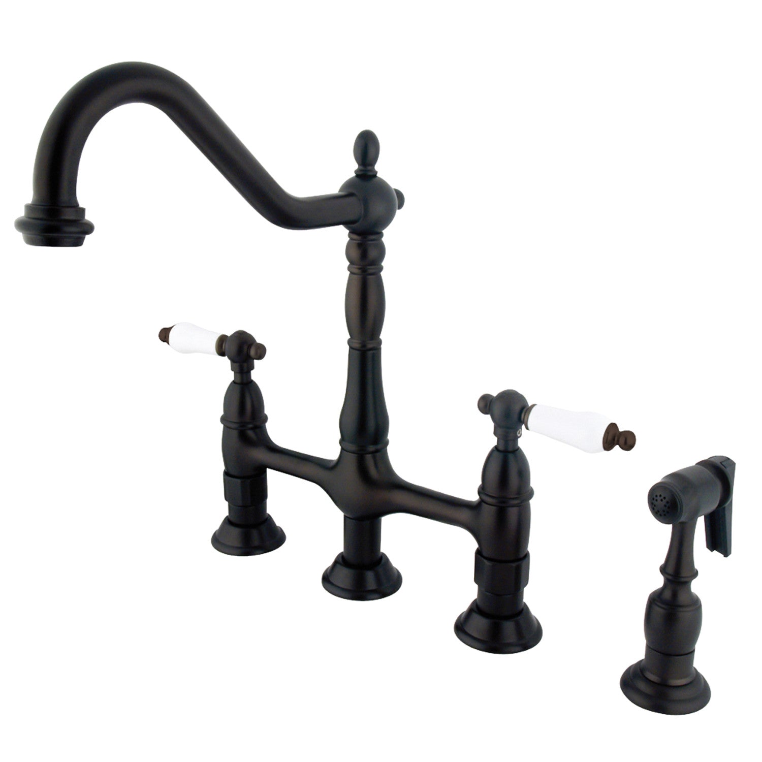 Kingston Heirloom KS1275PLBS - Robinet de cuisine à deux poignées Heritage 4 trous montage sur plage Bridge avec pulvérisateur en laiton, bronze à l'huile
