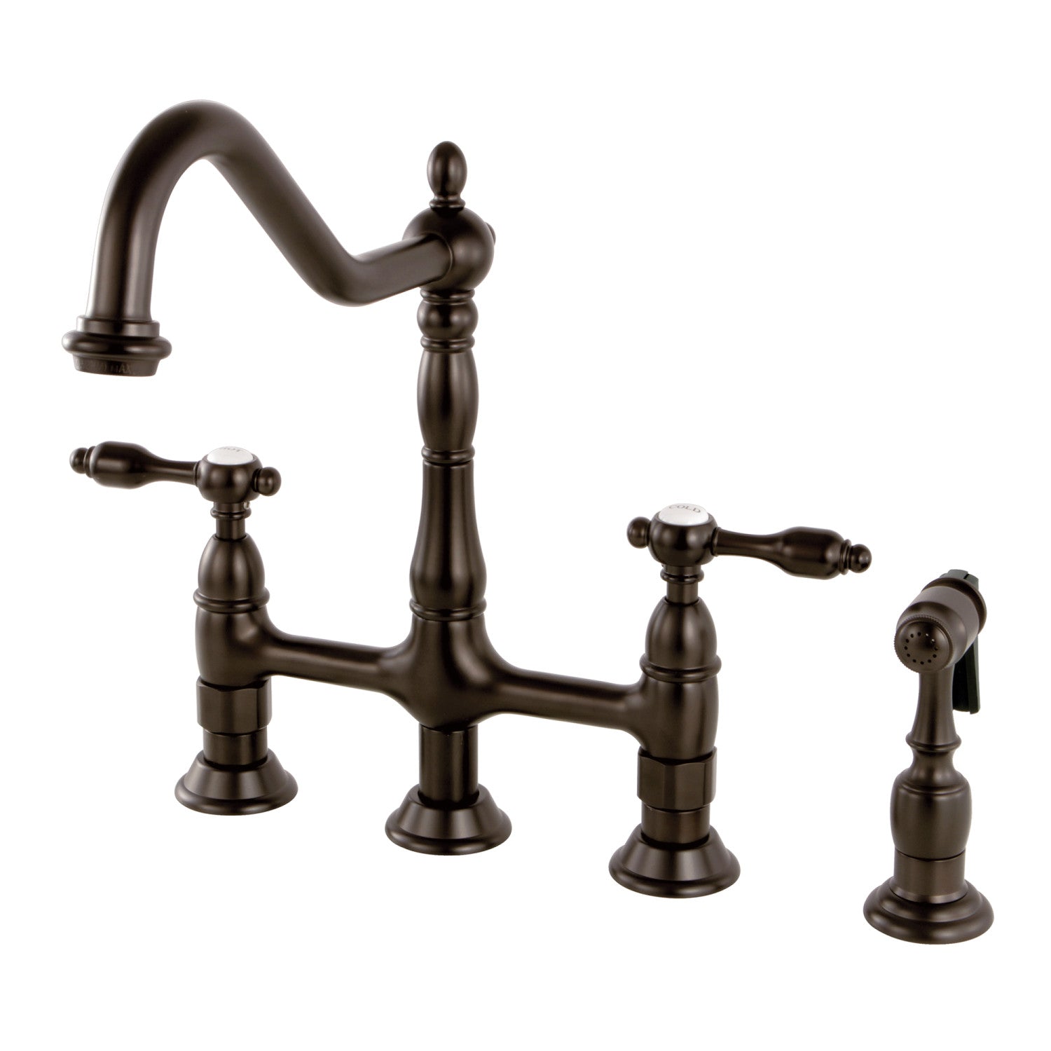 Kingston Heirloom KS1275TALBS - Robinet de cuisine à deux poignées Tudor 4 trous montage sur plage Bridge avec pulvérisateur en laiton, bronze frotté à l'huile