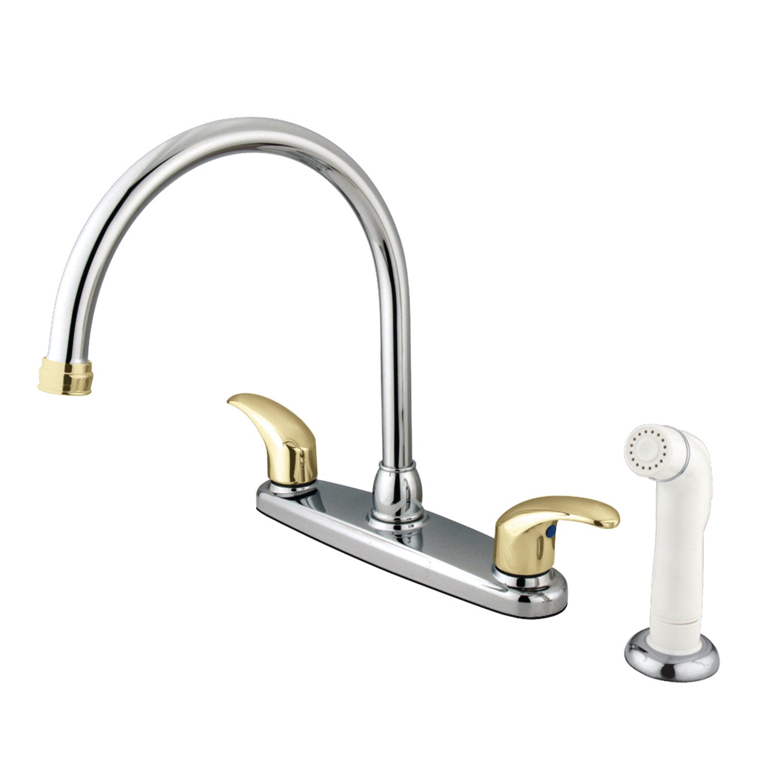 Kingston Tulare KB6794LL - Robinet de cuisine central à deux poignées 4 trous 8" avec pulvérisateur latéral, laiton poli/chrome poli