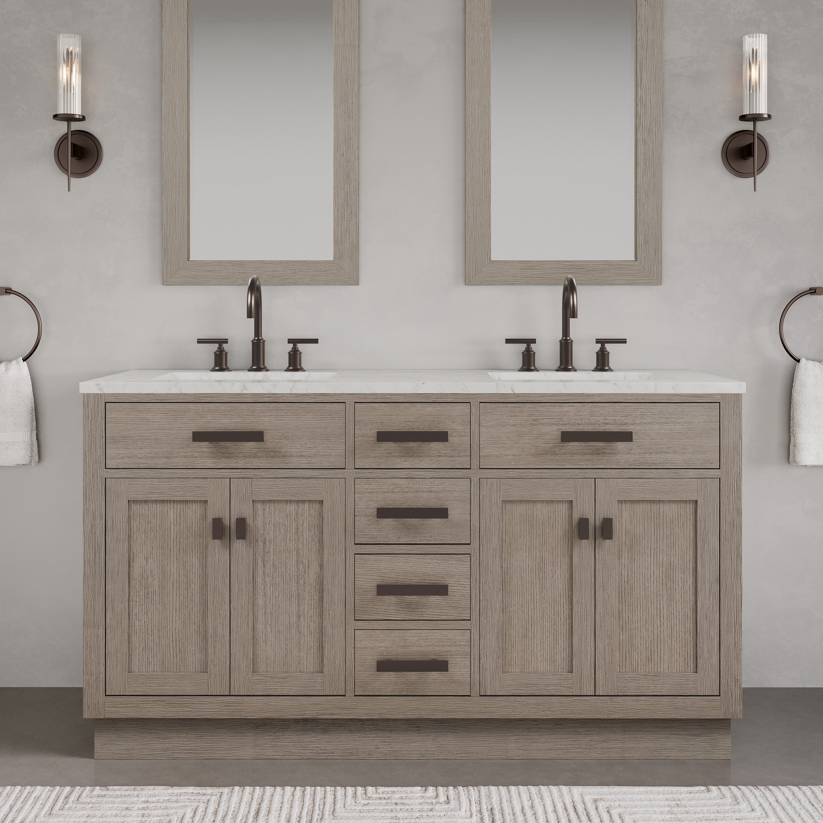 Kingston Luxe CH60CW03GK - 60 in. x 21.5 in. Bathroom Vanity Marble Top and White Basin, Grey Oak