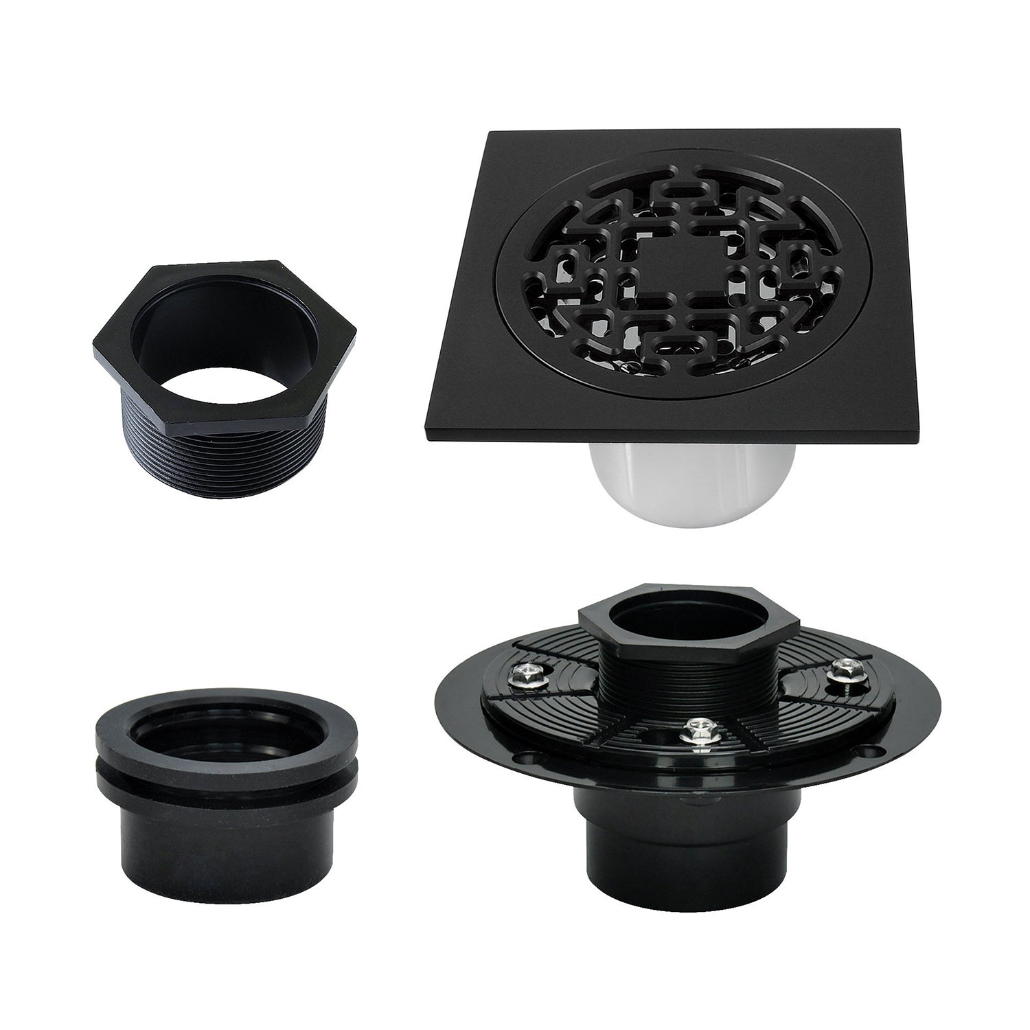 Kingston Watercourse BSFK4272MB 4-Inch Brass Square Grid Shower Drain with Hair Strainer and Base Flange, Matte Black