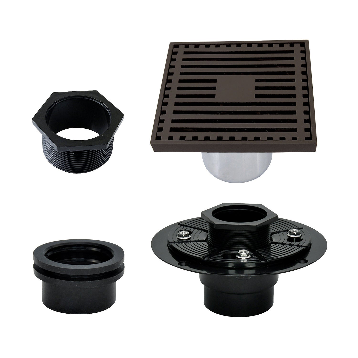 Kingston Watercourse BSFK4464ORB 4-Inch Brass Square Grid Shower Drain with Hair Strainer and Base Flange, Oil Rubbed Bronze