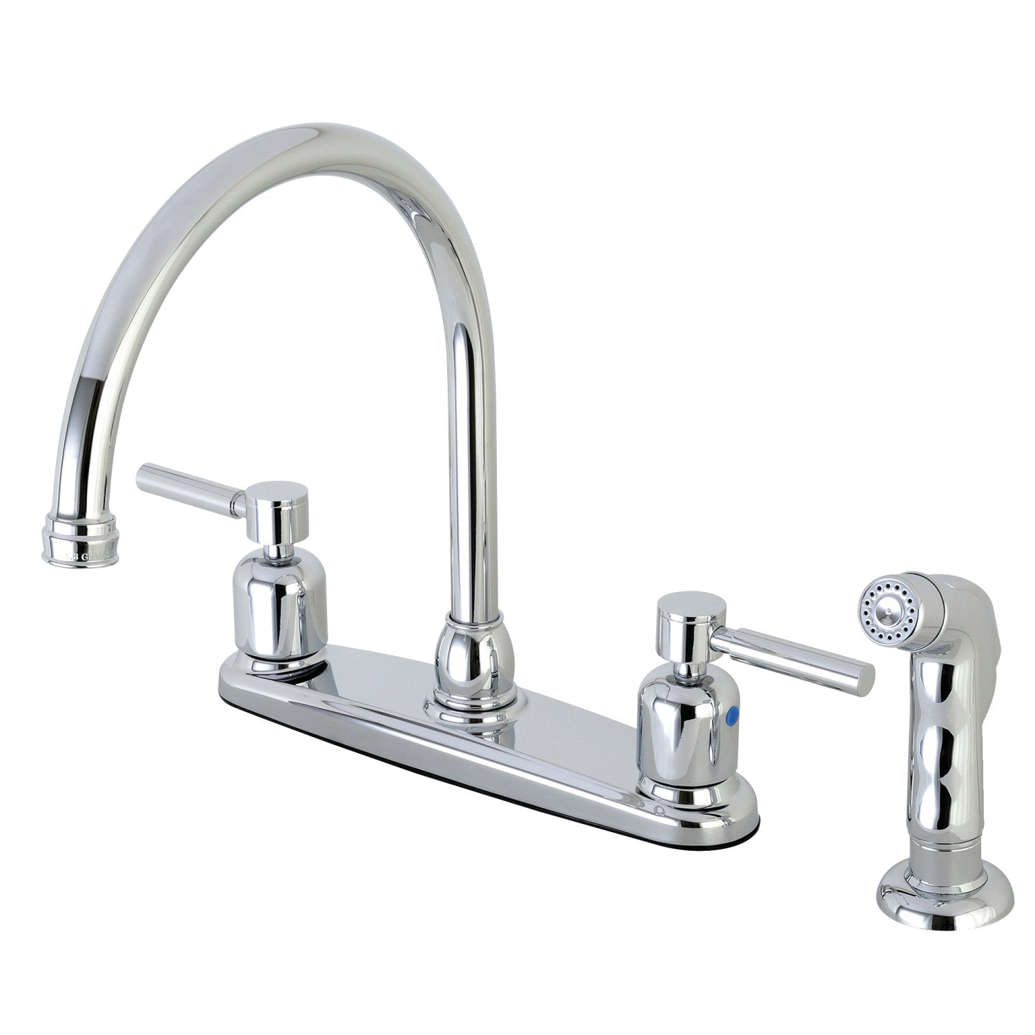 Kingston Tulare FB791DLSP - Robinet de cuisine central à deux poignées Concord 4 trous 8" avec pulvérisateur latéral, chrome poli