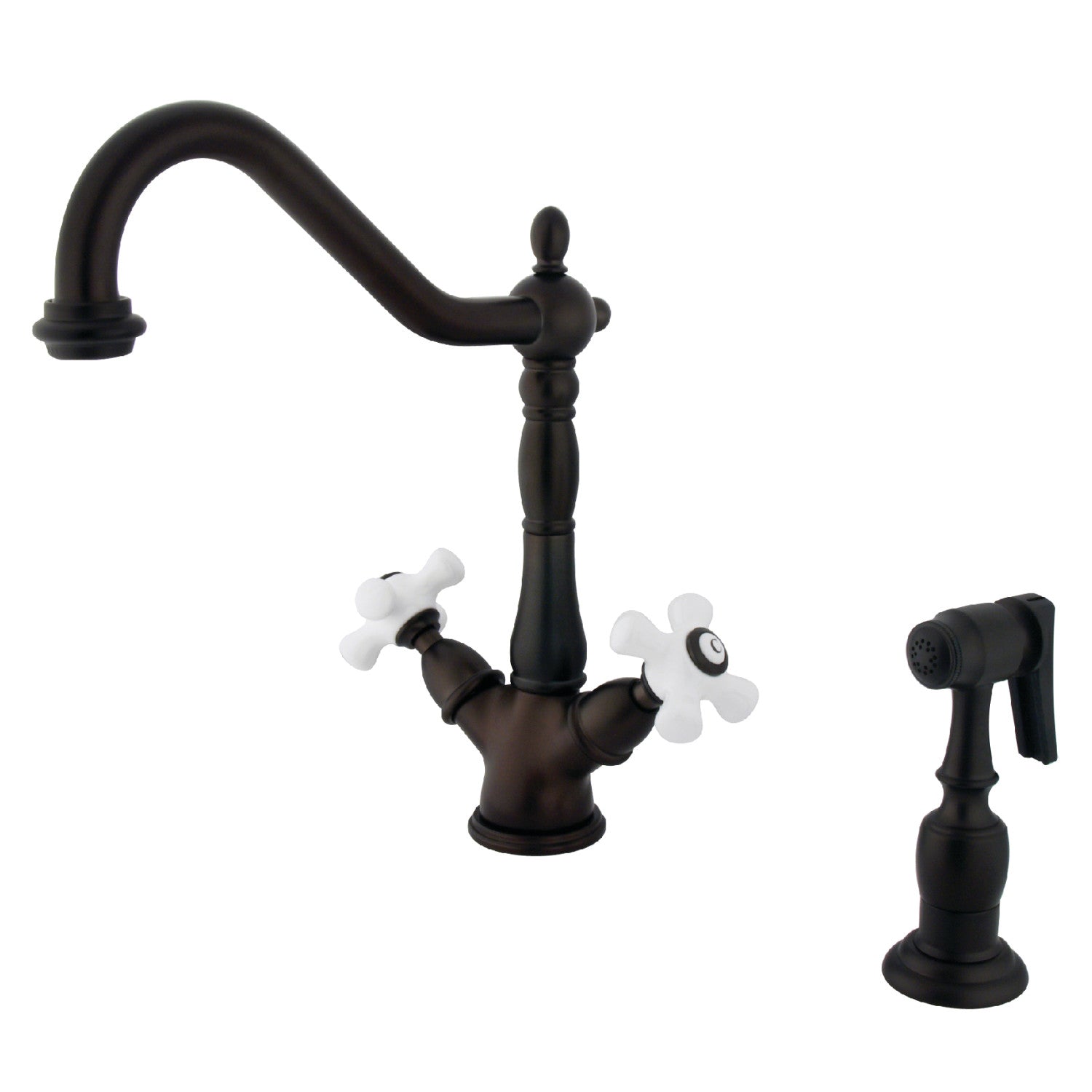 Kingston Heirloom KS1235PXBS - Robinet de cuisine à deux poignées Heritage 2-or-4 avec pulvérisateur en laiton, bronze frotté à l'huile