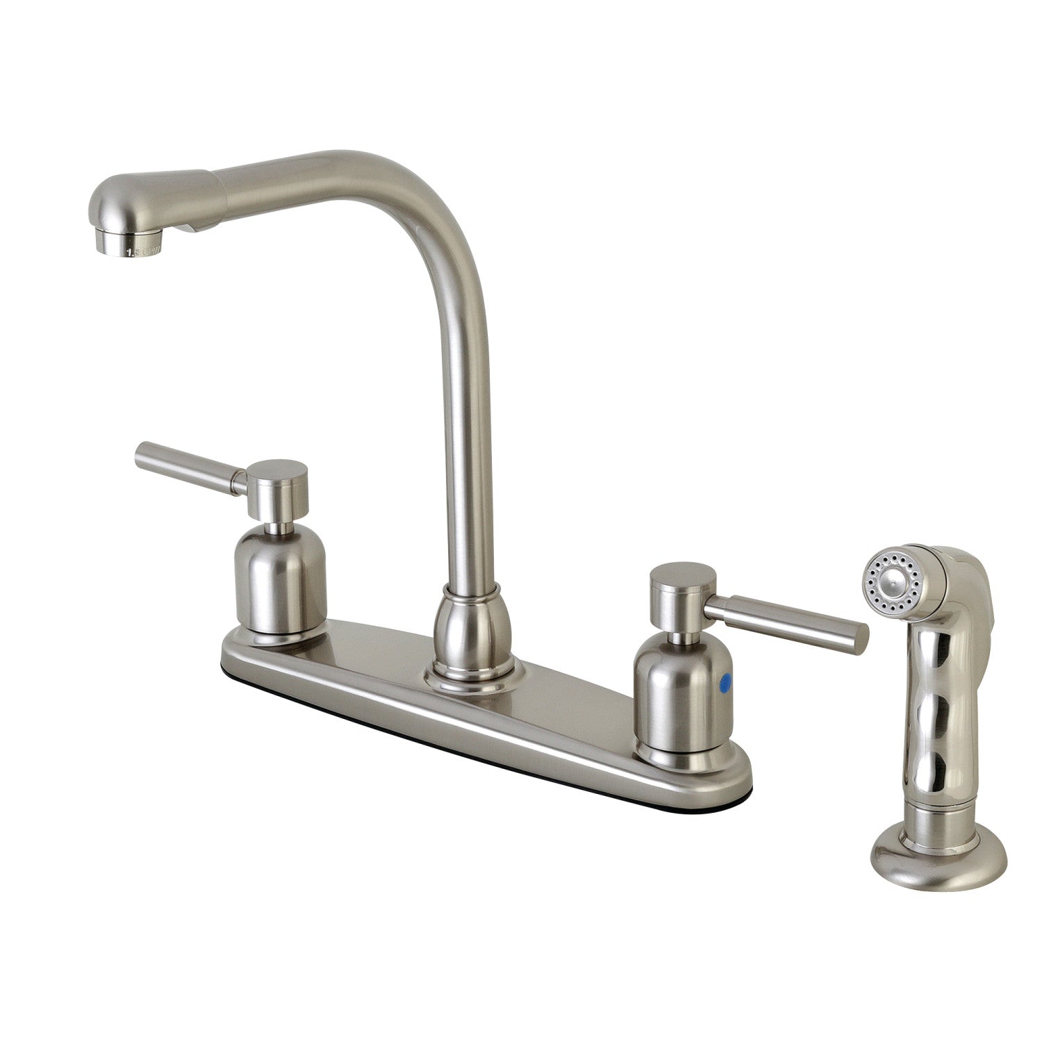 Kingston Tulare FB758DLSP - Robinet de cuisine central à deux poignées Concord 4 trous 8" avec pulvérisateur latéral, nickel brossé