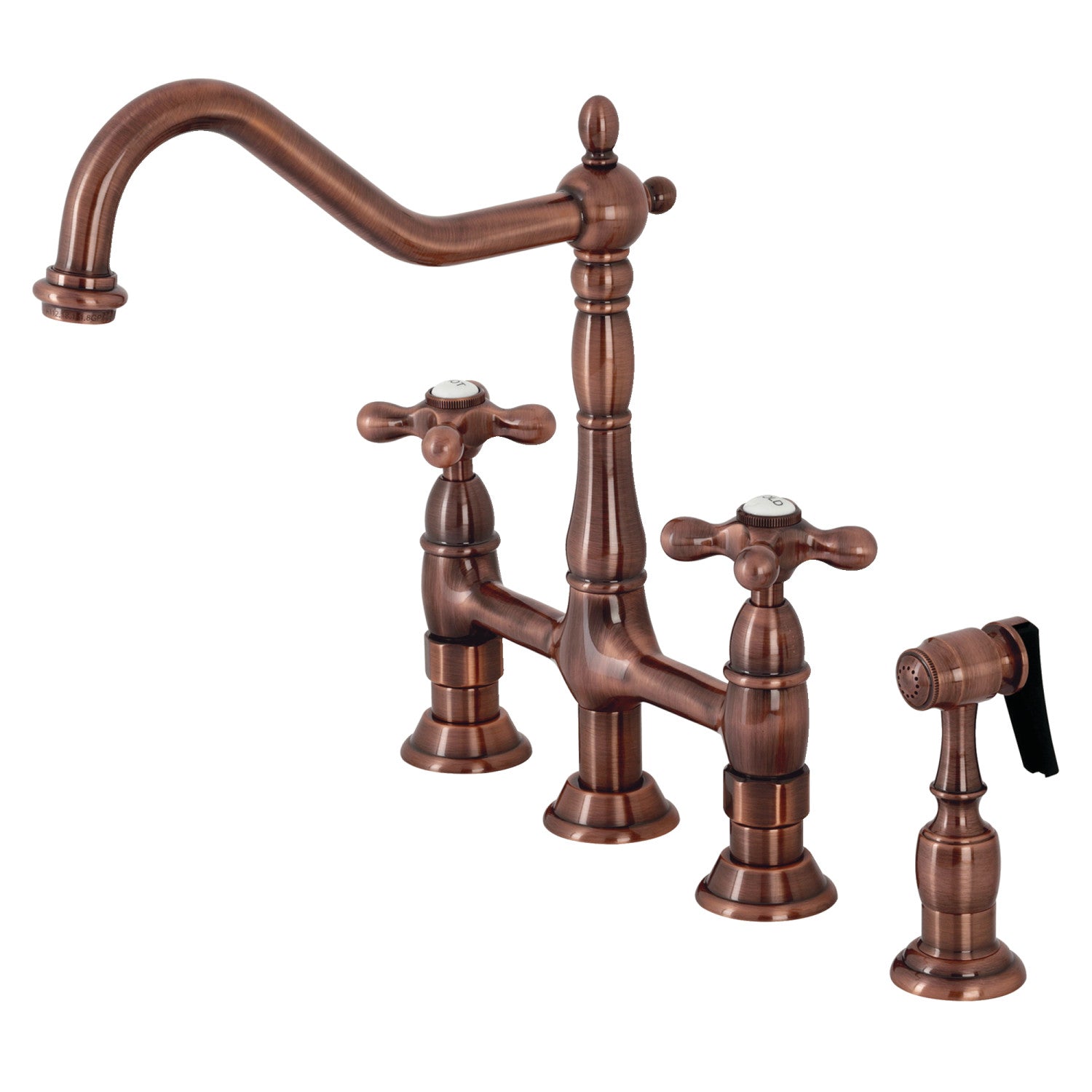 Kingston Heirloom KS127AXBSAC - Heritage Two-Handle 4-Hole Deck Mount Bridge Kitchen Faucet with Brass Sprayer, Antique Copper
