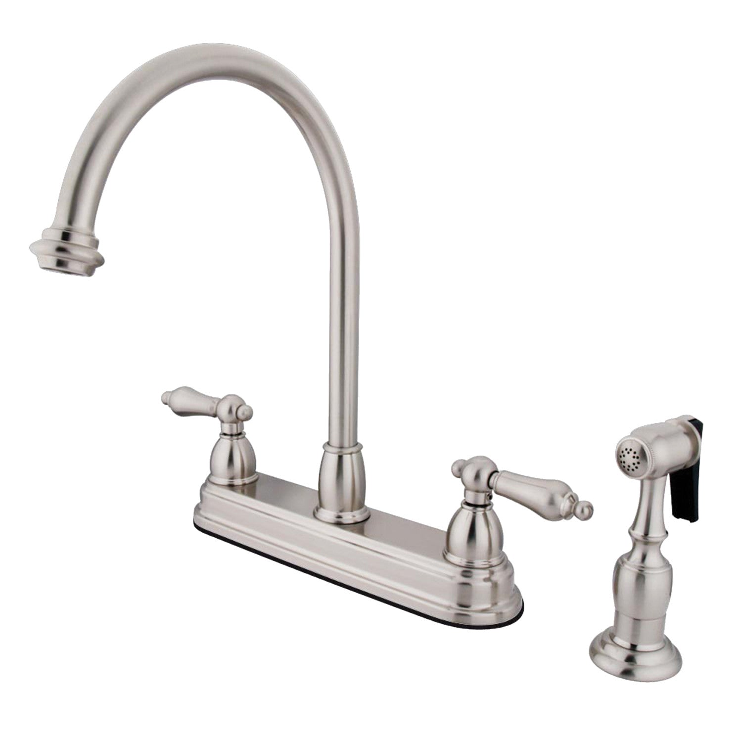 Kingston Heirloom KB3758ALBS - Robinet de cuisine central à deux poignées 4 trous 8 avec pulvérisateur en laiton, nickel brossé