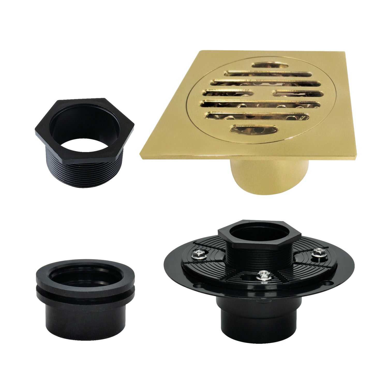 Kingston Watercourse BSFK4262BB 4-Inch Brass Square Grid Shower Drain with Hair Strainer and Base Flange, Brushed Brass