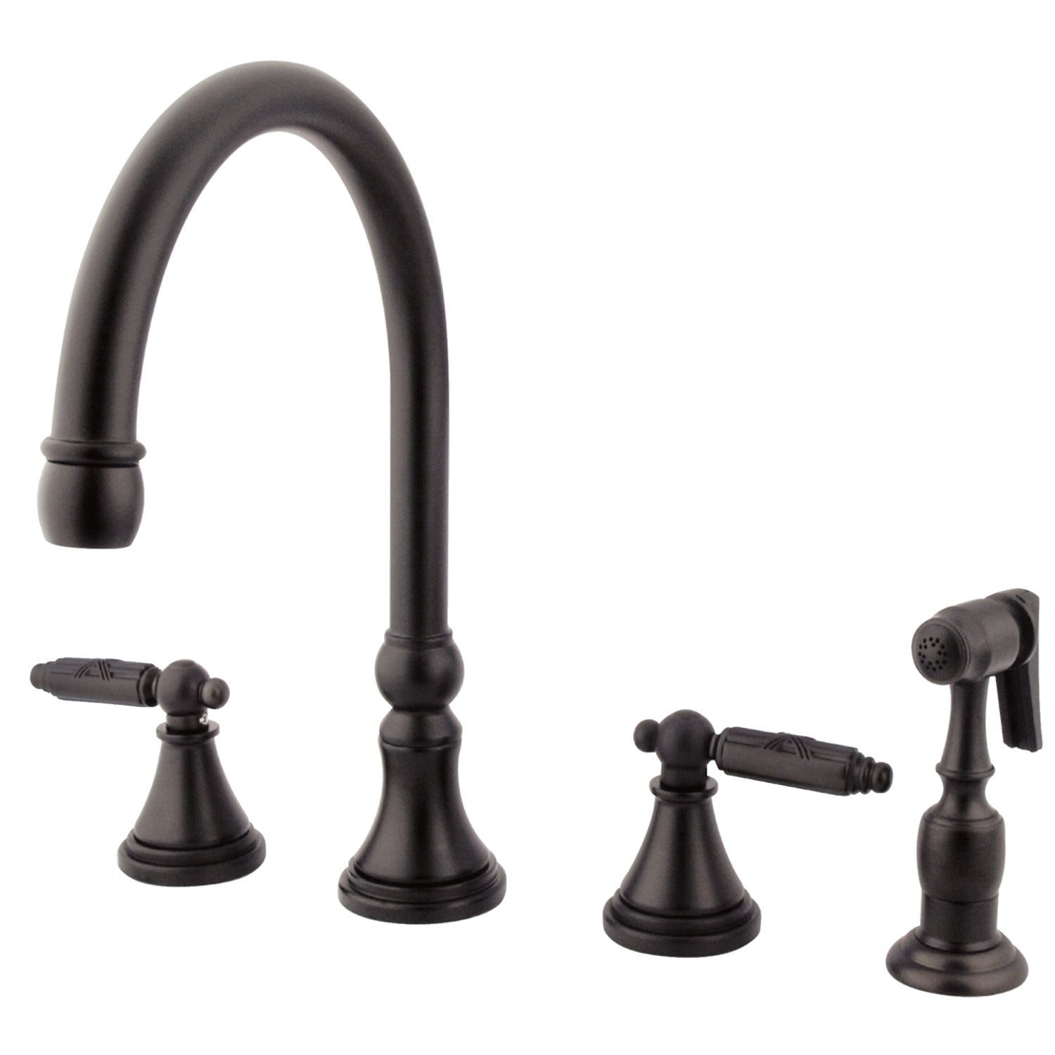 Kingston Tulare GS2795GLBS - Robinet de cuisine à double poignée géorgienne 4 trous avec pulvérisateur en laiton, bronze frotté à l'huile