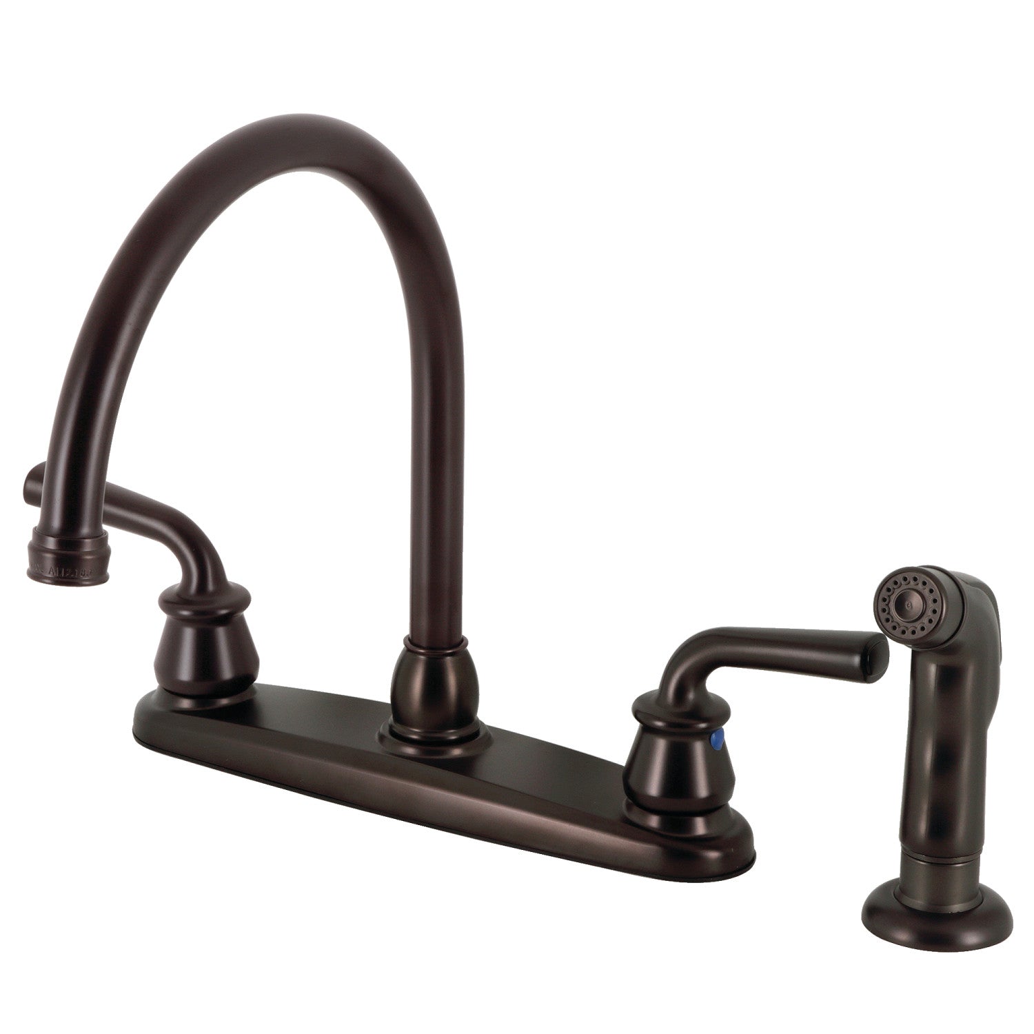 Kingston Tulare KB725RXLSP - Robinet de cuisine central à deux poignées de restauration 4 trous 8" avec pulvérisateur latéral, bronze frotté à l'huile