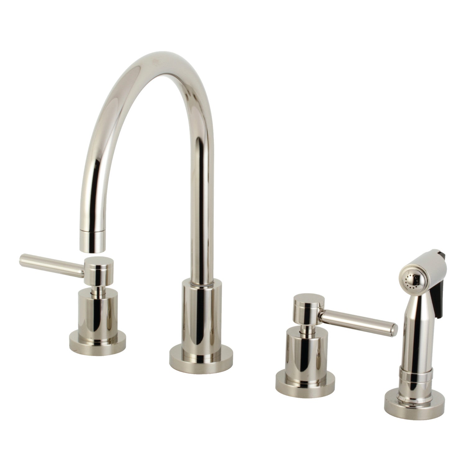 Kingston Sona KS8726DLBS - Robinet de cuisine à double poignée Concord 4 trous avec pulvérisateur en laiton, nickel poli