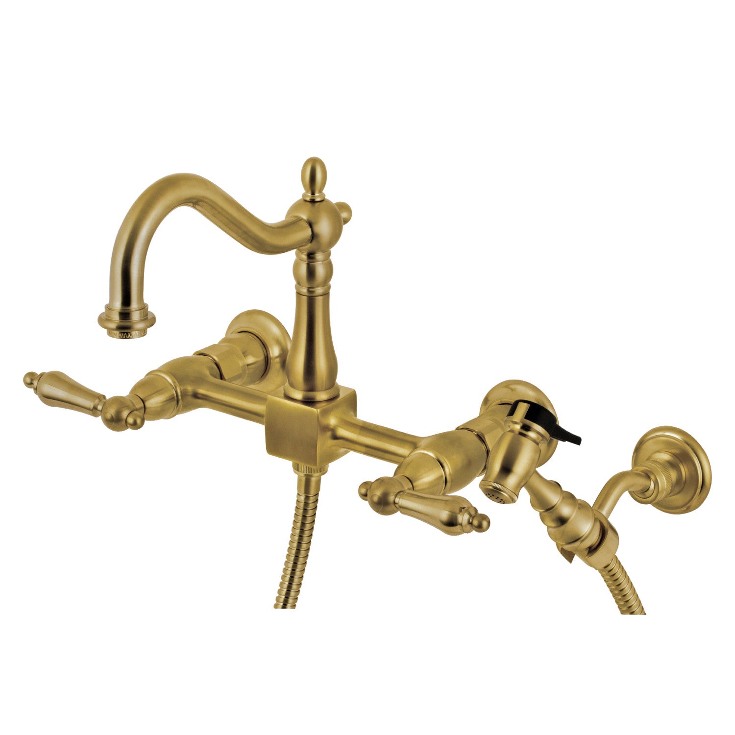 Kingston Heirloom KS1267ALBS - Robinet de cuisine à deux poignées Heritage 3 trous Wall Mount Bridge avec pulvérisateur en laiton, laiton brossé