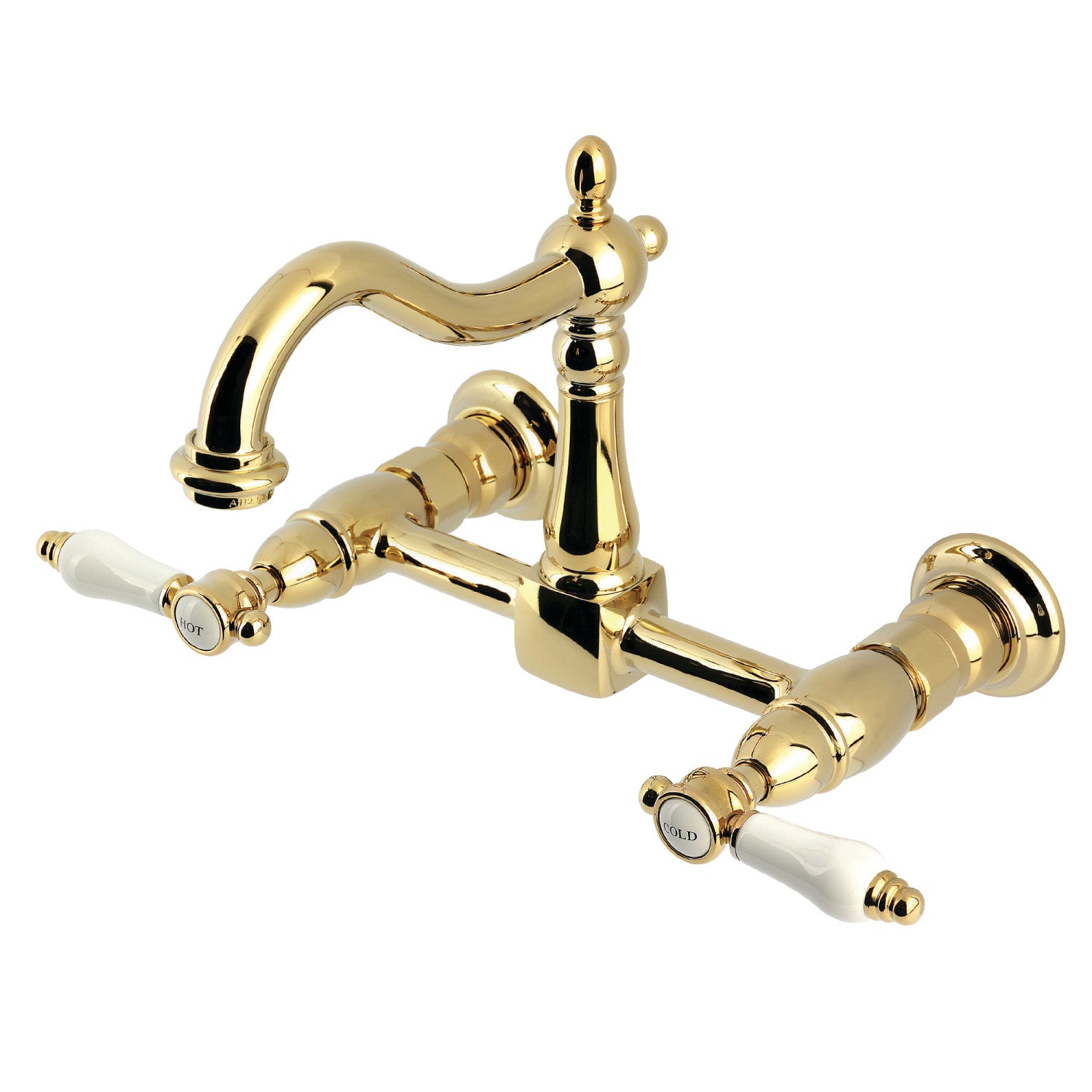 Kingston Heirloom KS1262BPL - Robinet de cuisine Bel-Air à deux poignées 2 trous Wall Mount Bridge, laiton poli