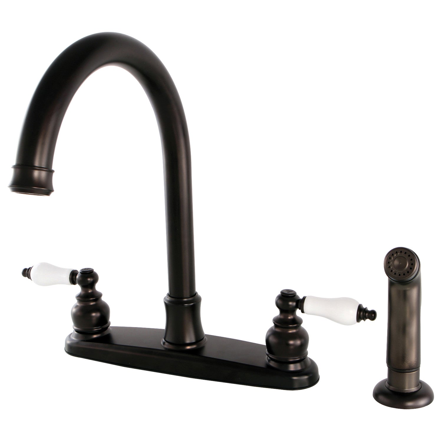 Kingston Tulare FB7795PLSP - Victorian à deux poignées 4 trous 8" Centerset Robinet de cuisine avec pulvérisateur latéral, bronze frotté à l'huile