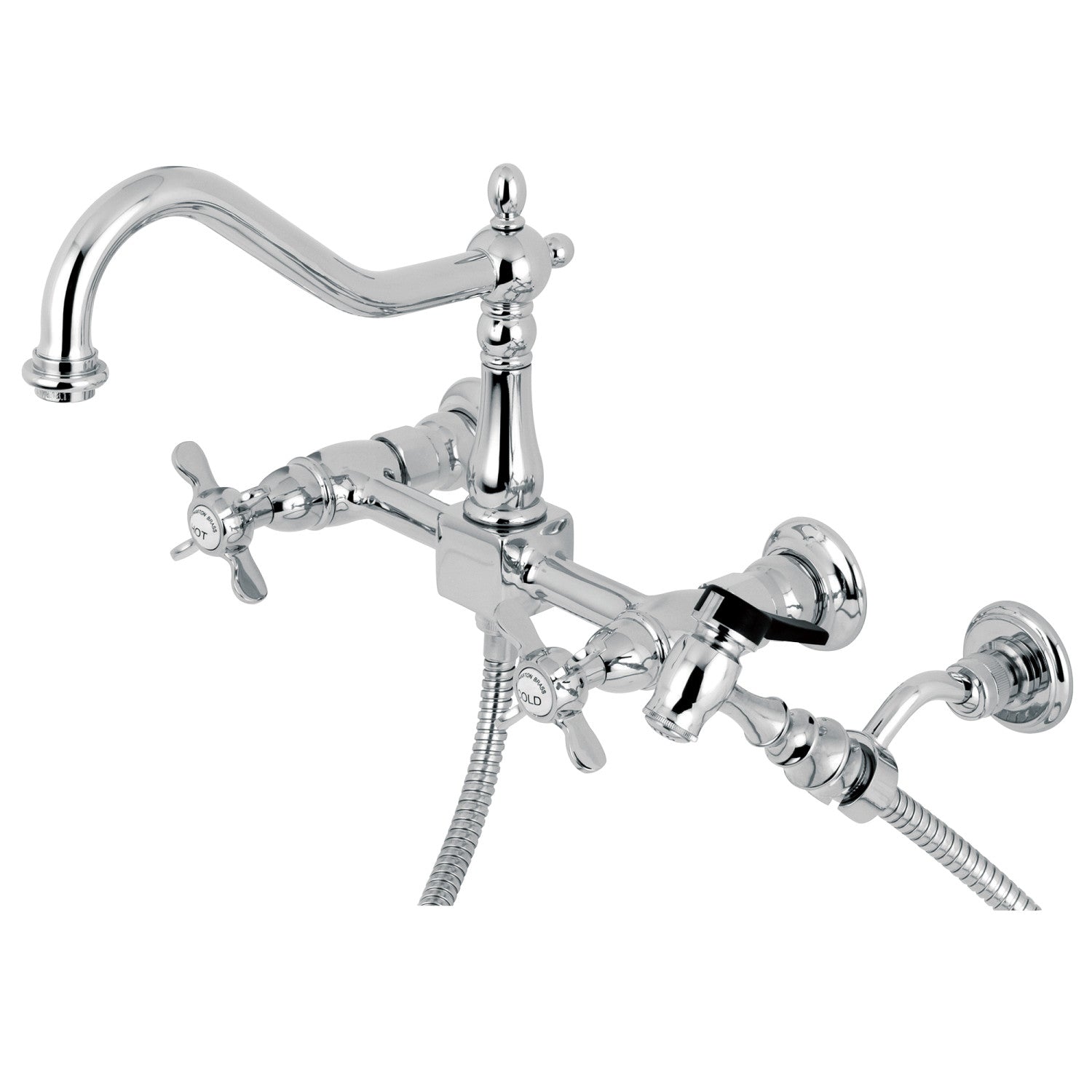 Kingston Heirloom KS1242BEXBS - Robinet de cuisine à deux poignées 3 trous Wall Mount Bridge avec pulvérisateur en laiton, laiton poli