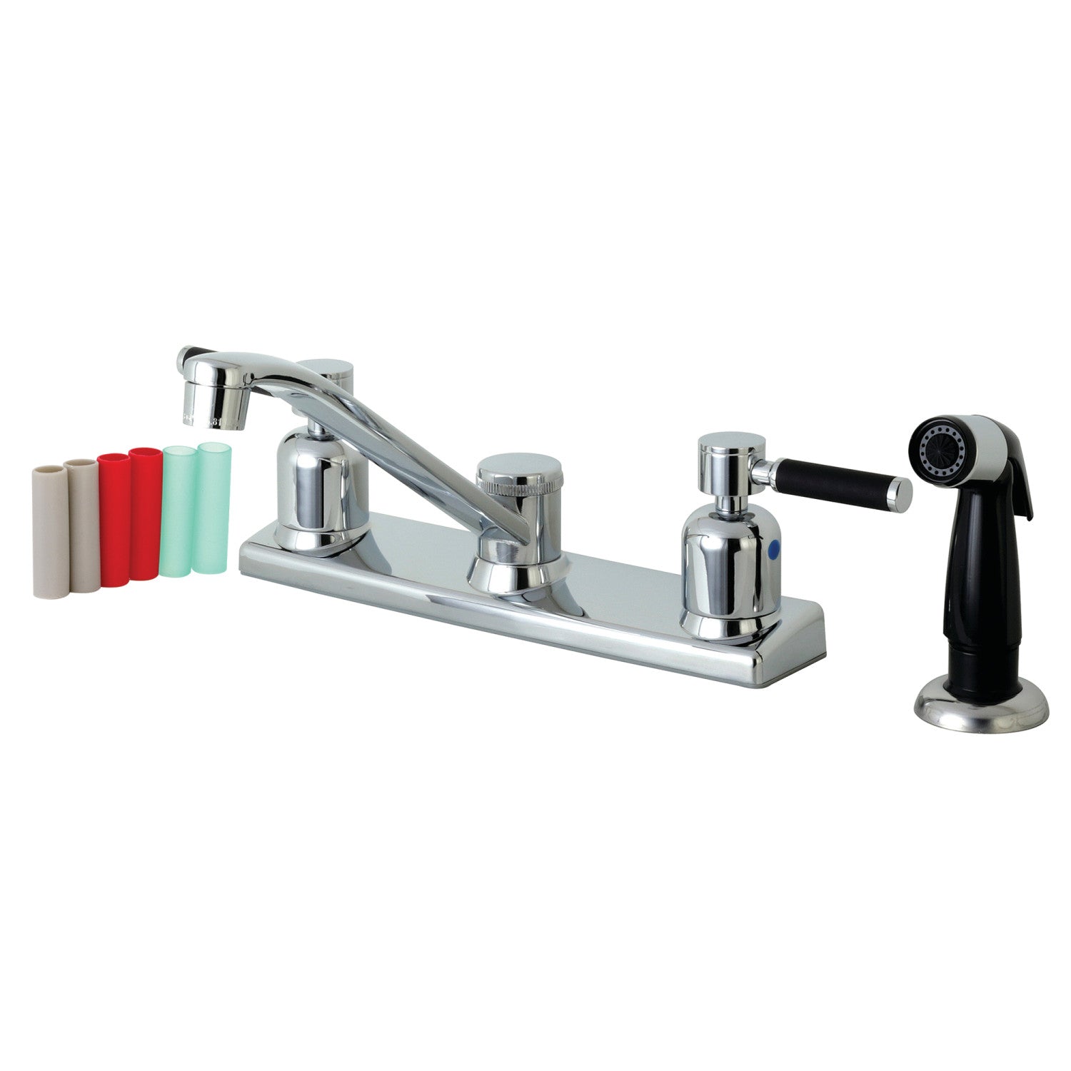 Kingston Tulare FB122DKL - Robinet de cuisine central à deux poignées Kaiser 4 trous 8" avec pulvérisateur latéral, chrome poli