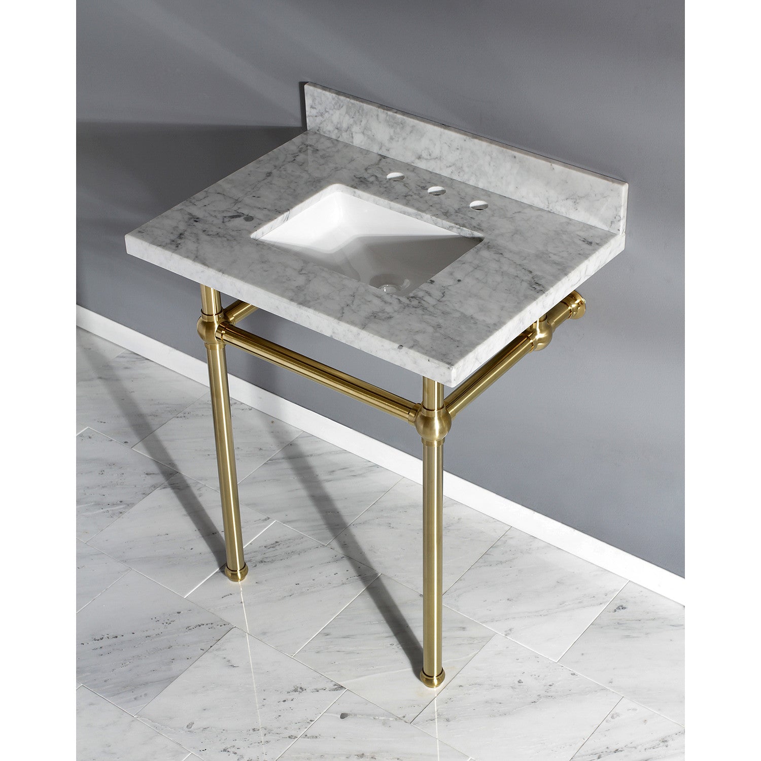 Kingston Heirloom KVPB30MBSQ7 - Templeton 30-Inch Carrara Marble Vanity Top with Brass Legs (8-Inch, 3-Hole), Carrara Marble White/Brushed Brass
