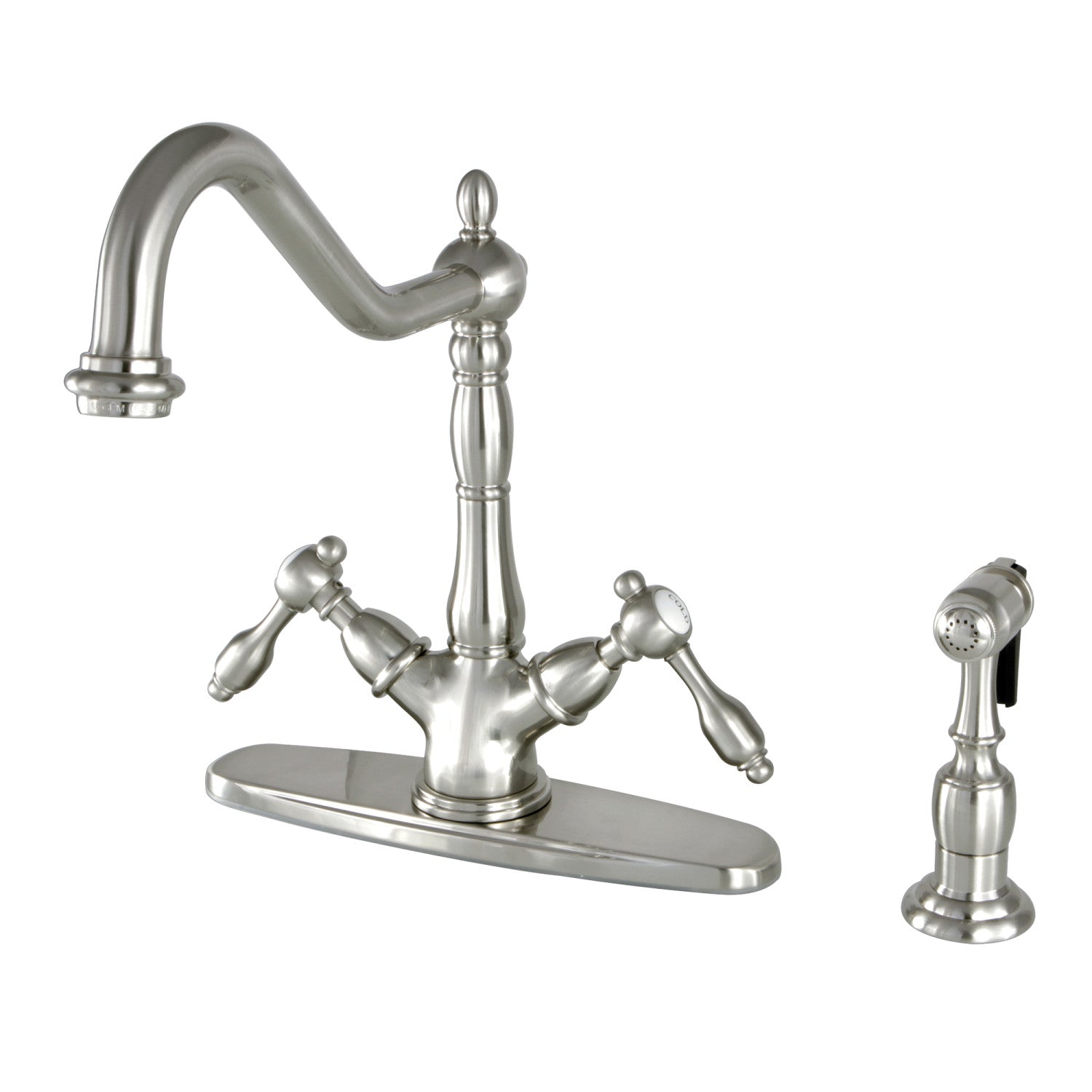 Kingston Heirloom KS1238TALBS - Robinet de cuisine à deux poignées Tudor 2-or-4 avec pulvérisateur en laiton, nickel brossé