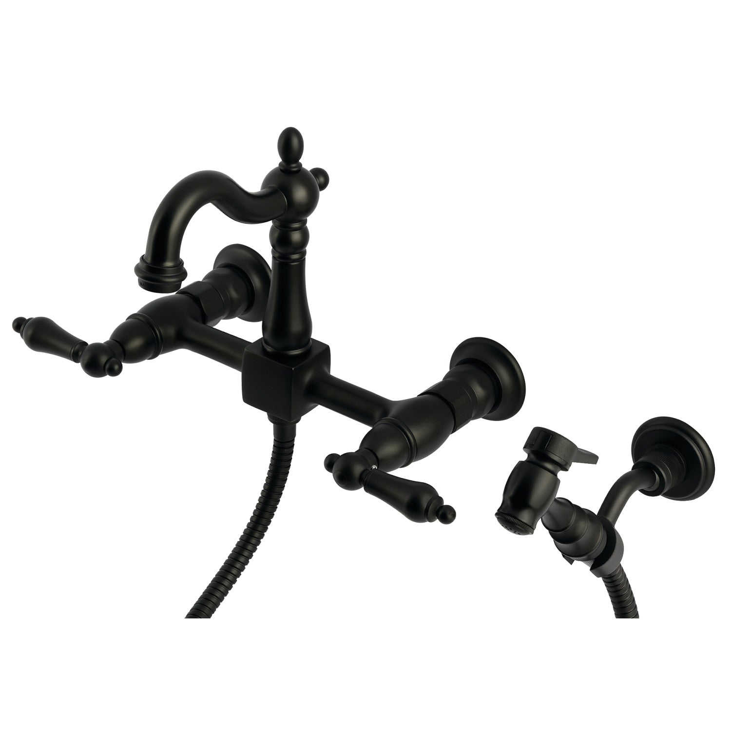 Kingston Heirloom KS2440ALBS - Robinet de cuisine à deux poignées Heritage 3 trous Wall Mount Bridge avec pulvérisateur en laiton, noir mat