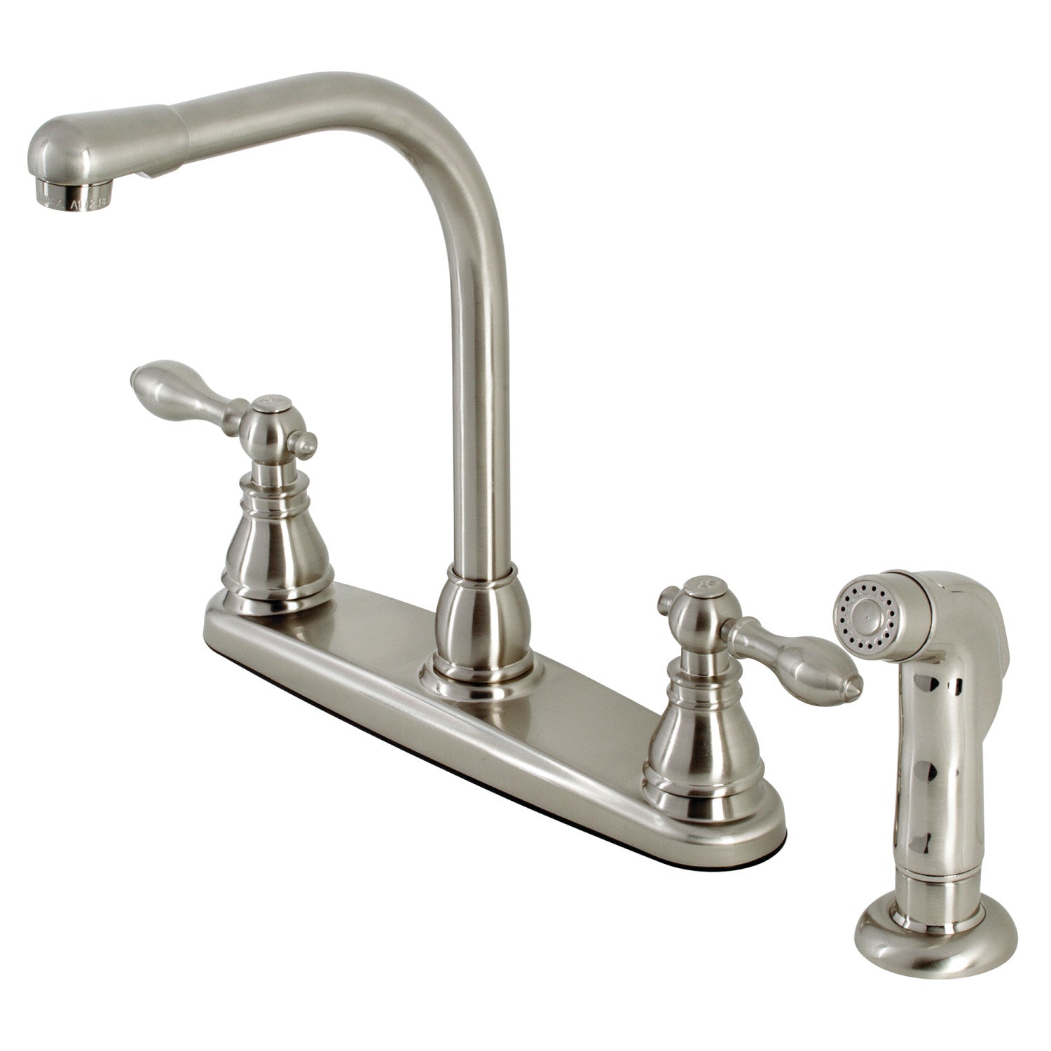 Kingston Tulare KB718ACLSP - Robinet de cuisine américain classique à deux poignées 4 trous 8" avec pulvérisateur latéral, nickel brossé