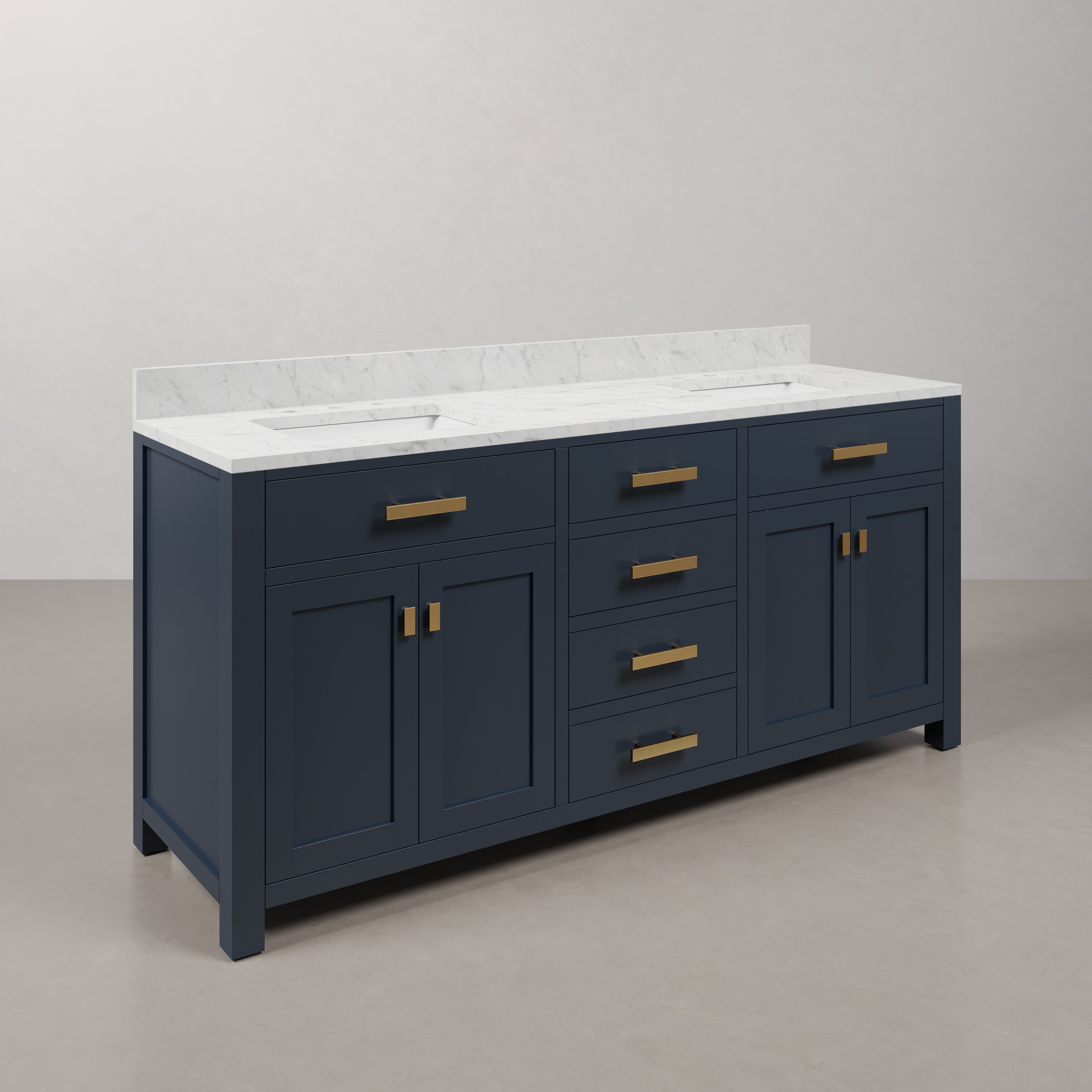 Kingston Luxe MS72CW06MB - 72 in. x 21.5 in. Bathroom Vanity Carrara White Marble Top and White Basins, Monarch Blue