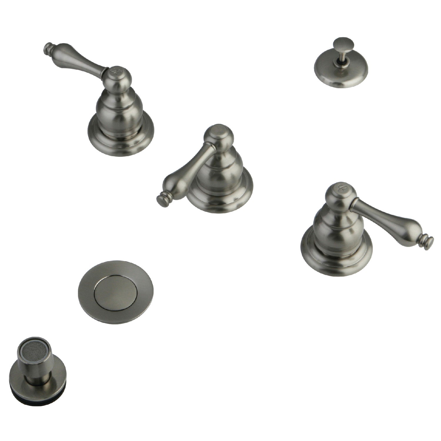 Kingston Heirloom KB308 - Robinet de bidet victorien à trois poignées avec à tirette en laiton, nickel brossé