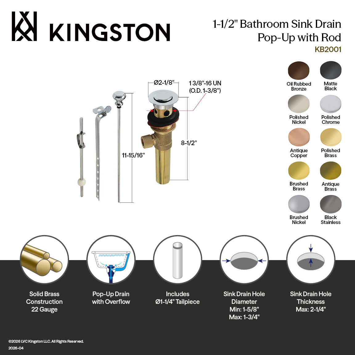 Kingston Trimscape KB2002 Brass Pop-Up Bathroom Sink Drain with Overflow, 22 Gauge, Polished Brass