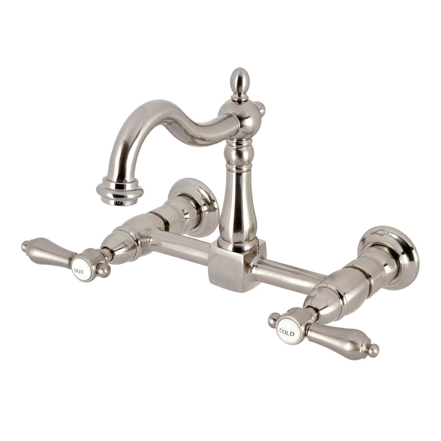 Kingston Heirloom KS1268BAL - Robinet de cuisine à deux poignées 2 trous Wall Mount Bridge, nickel brossé