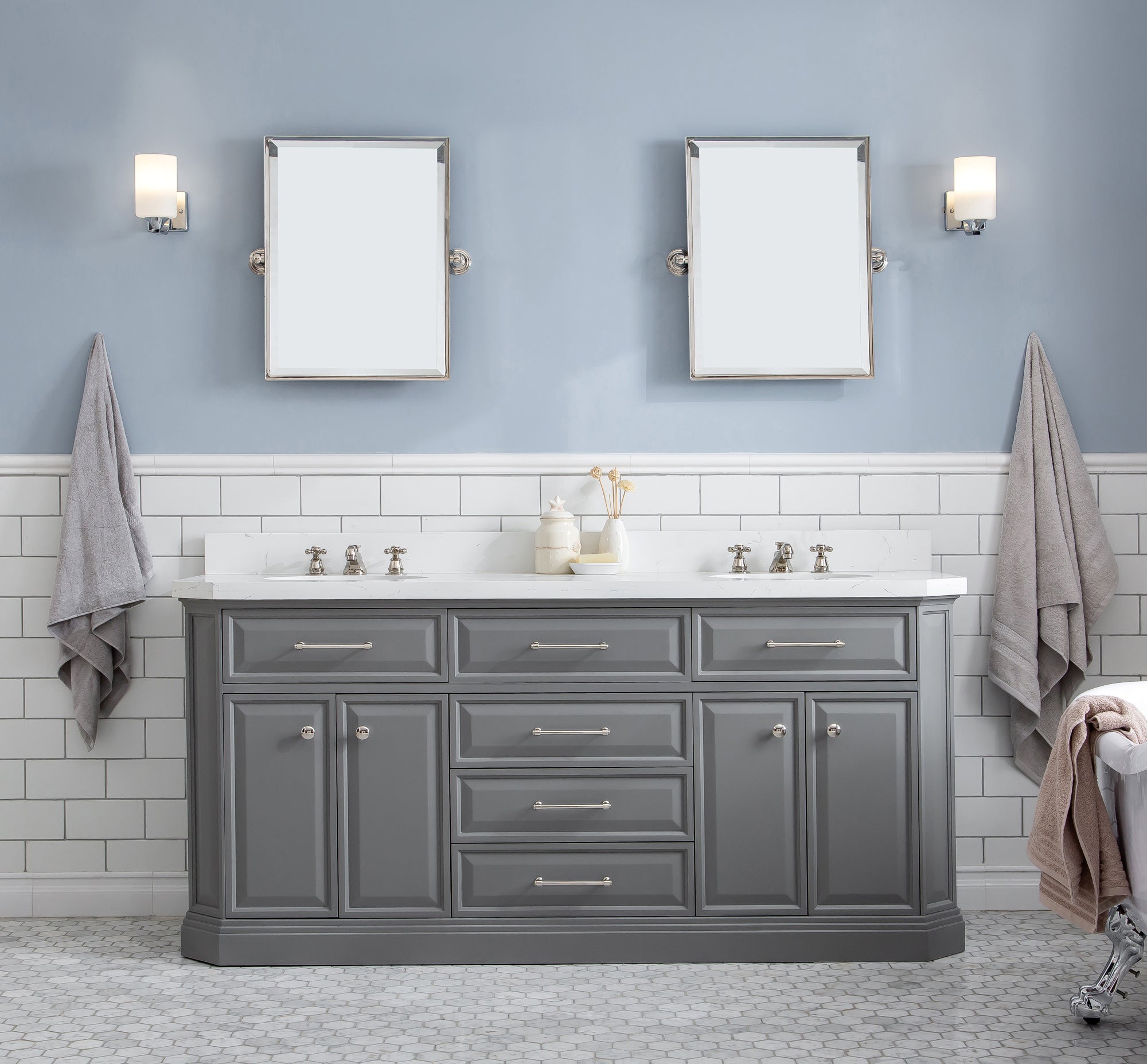 Kingston Luxe PA72QZ05CG - 72 in. x 22 in. Bathroom Vanity Quartz Top and White Basin, Cashmere Grey