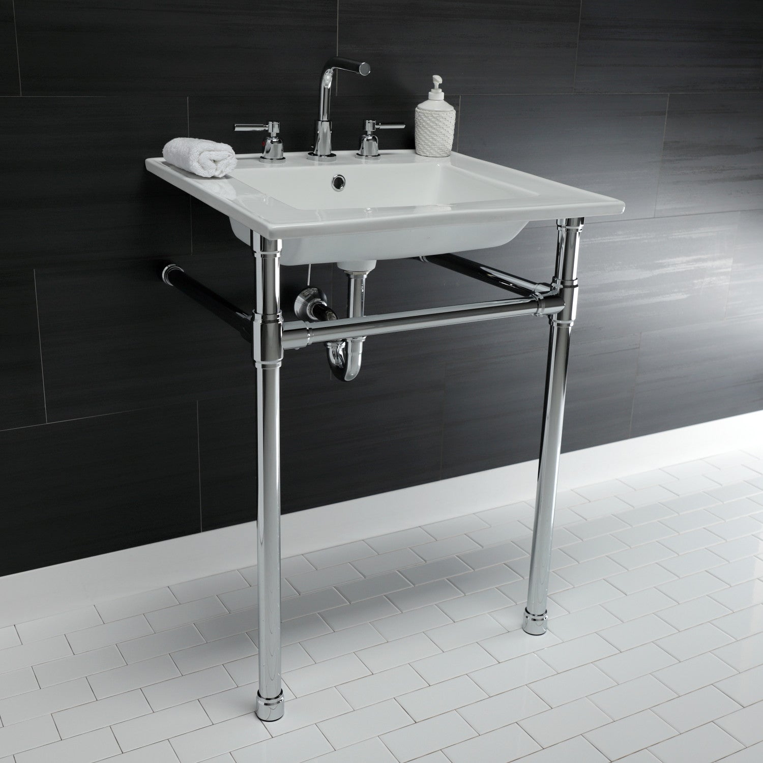 Kingston Tulare KVPB25227W81 - Dreyfuss 25-Inch Ceramic Console Sink with Stainless Steel Legs (8-Inch, 3-Hole), White/Polished Chrome